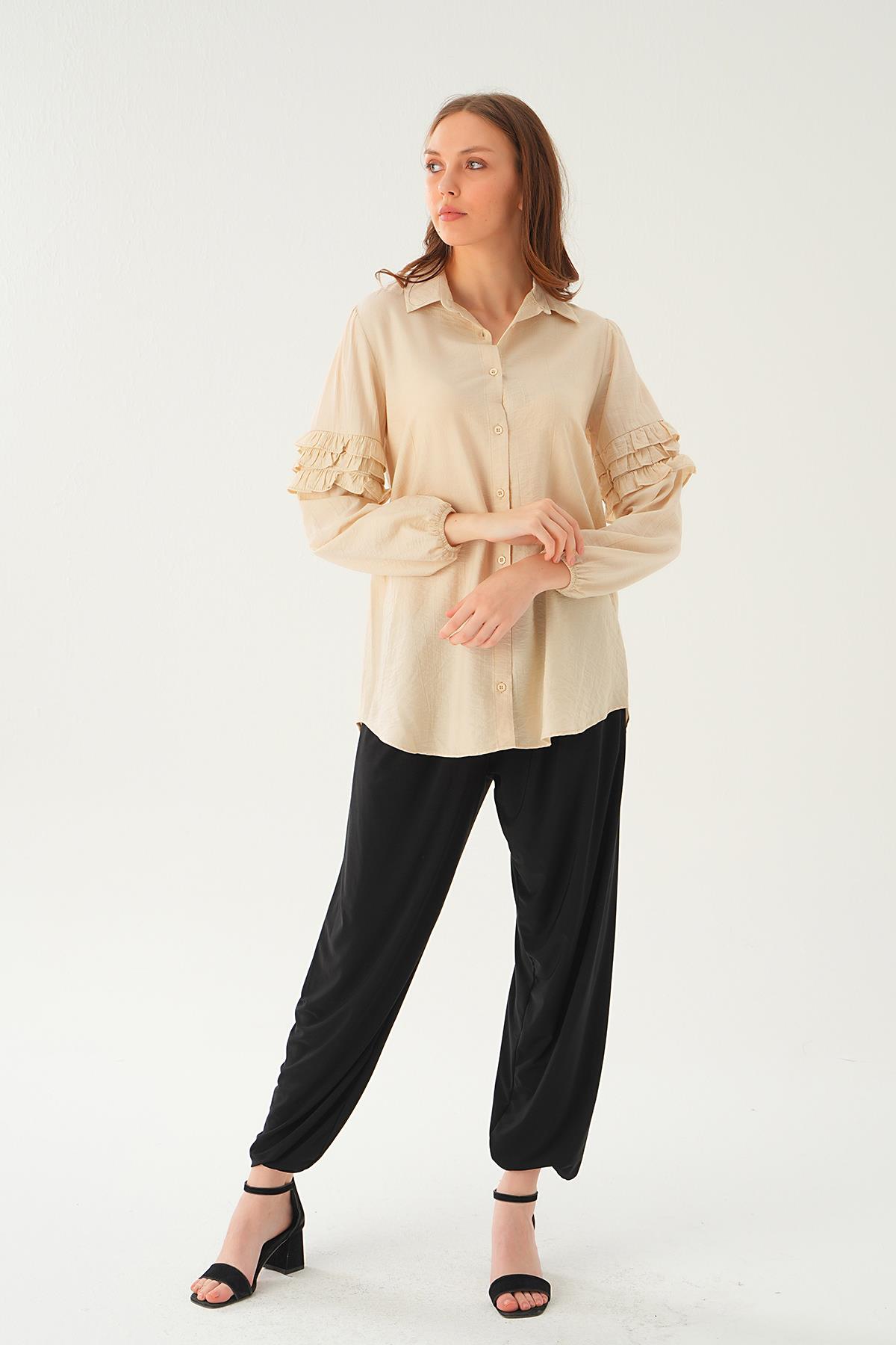 Bej Kol Fırfırlı Uzun Tunik 4136A - 6