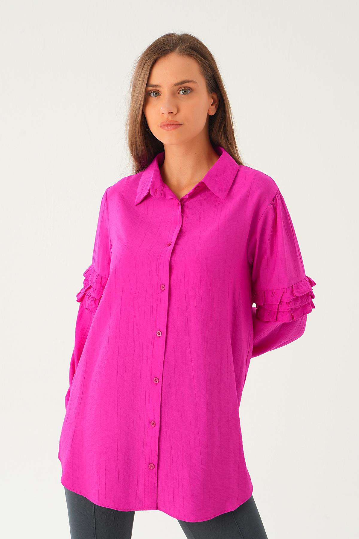 Fuşya Kol Fırfırlı Uzun Tunik 4136A - 1