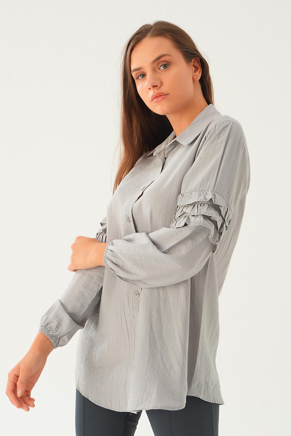 Gri Kol Fırfırlı Uzun Tunik 4136A - 4