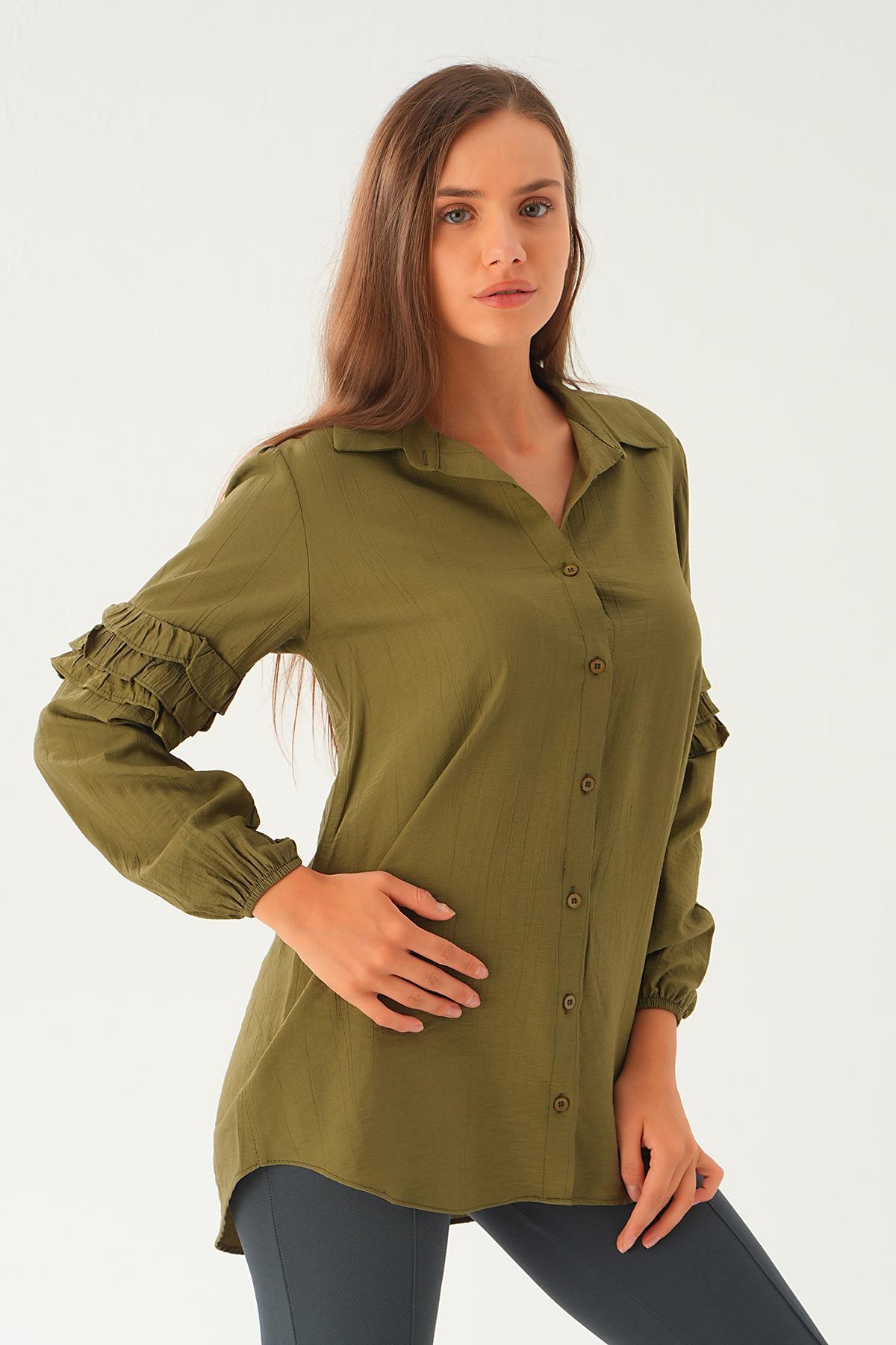 Haki Kol Fırfırlı Uzun Tunik 4136A - 3