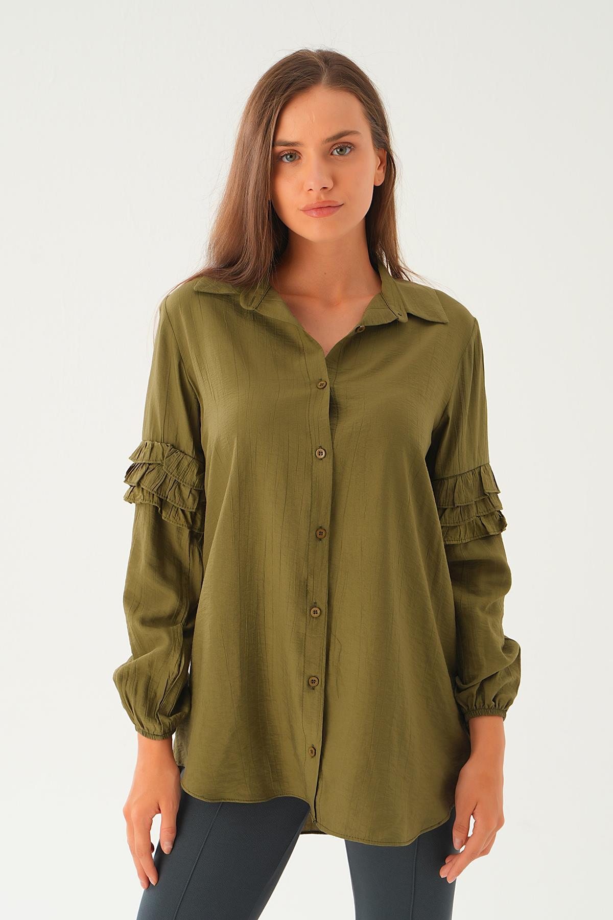 Haki Kol Fırfırlı Uzun Tunik 4136A - 4