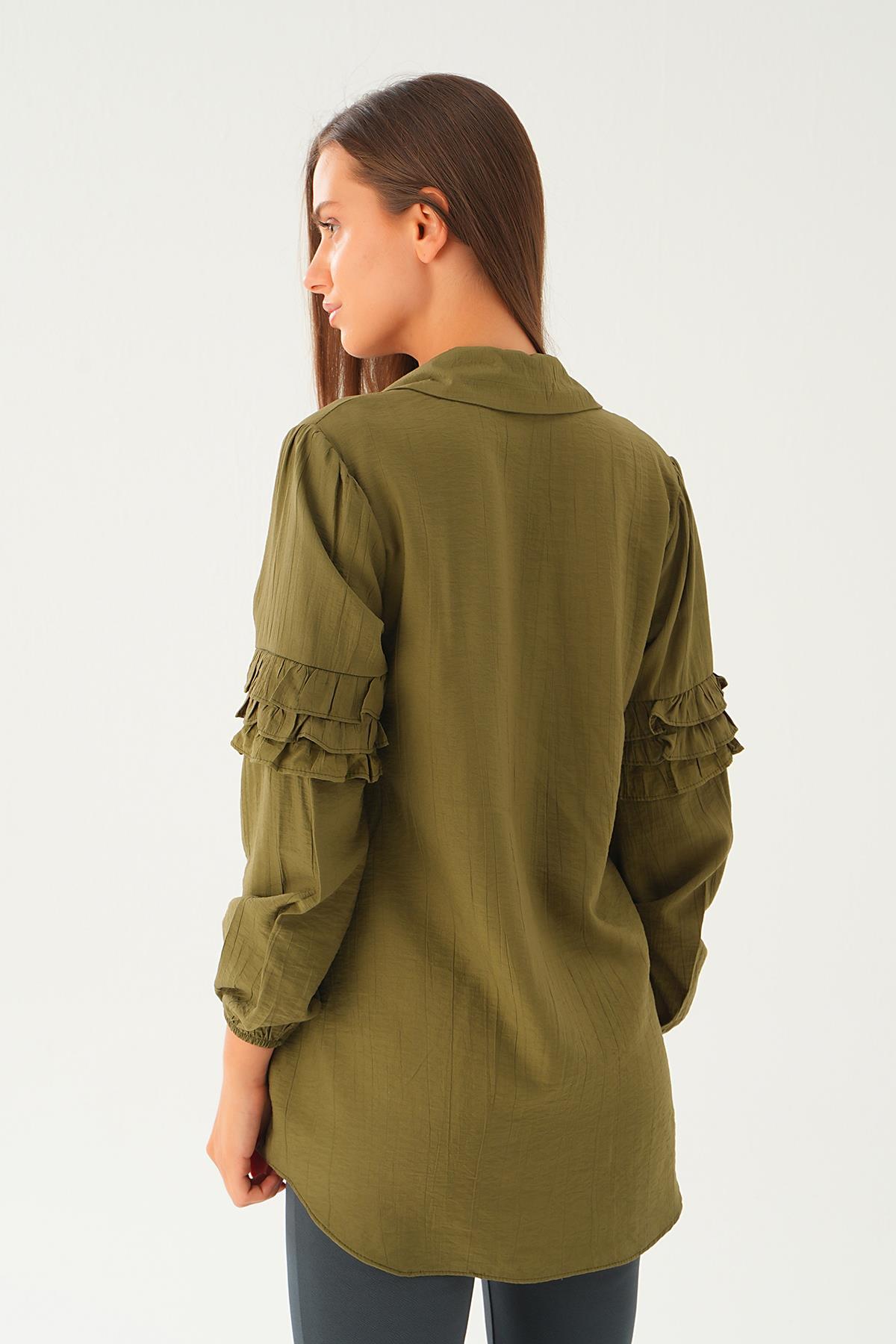 Haki Kol Fırfırlı Uzun Tunik 4136A - 5