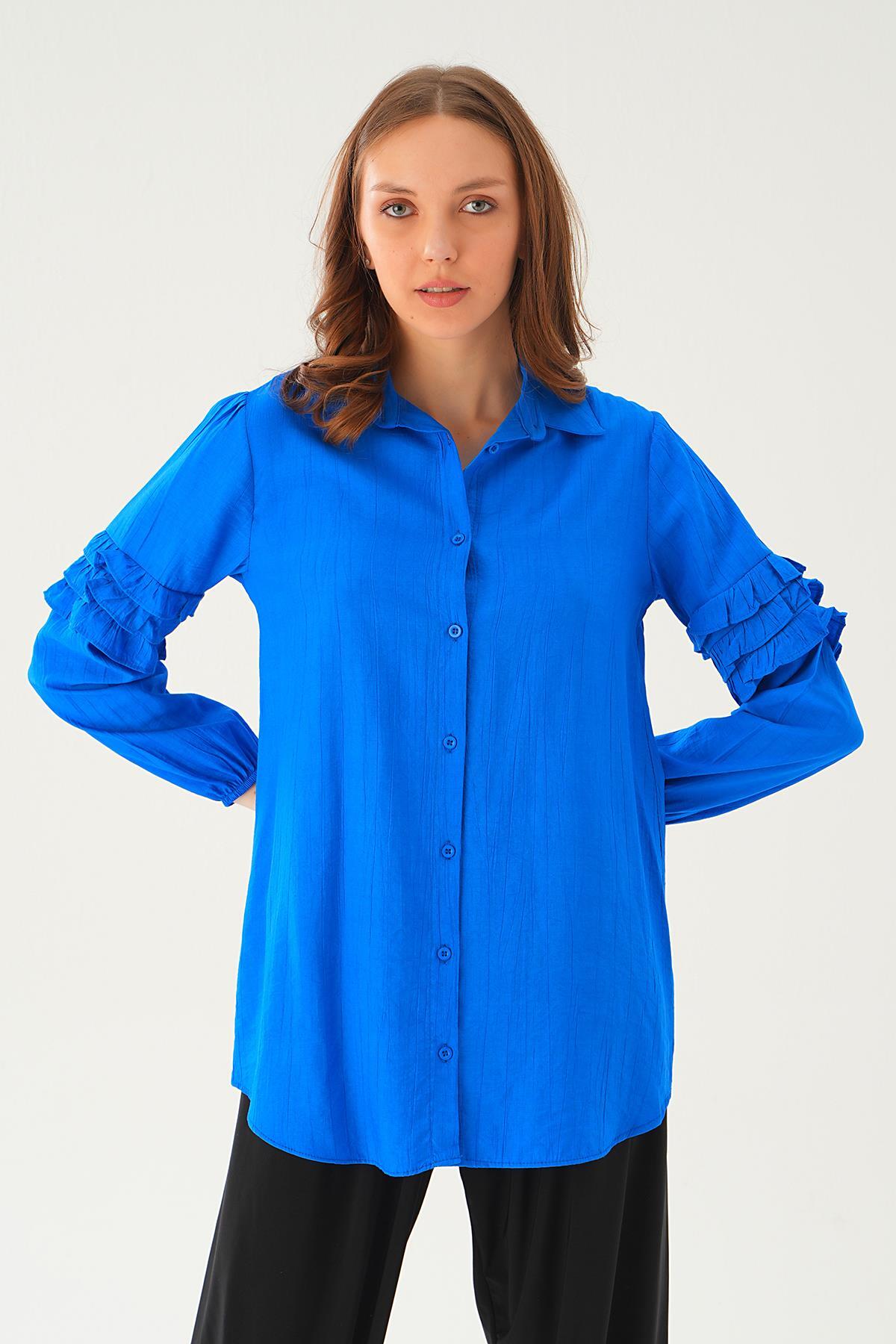 Saks Kol Fırfırlı Uzun Tunik 4136A - 1