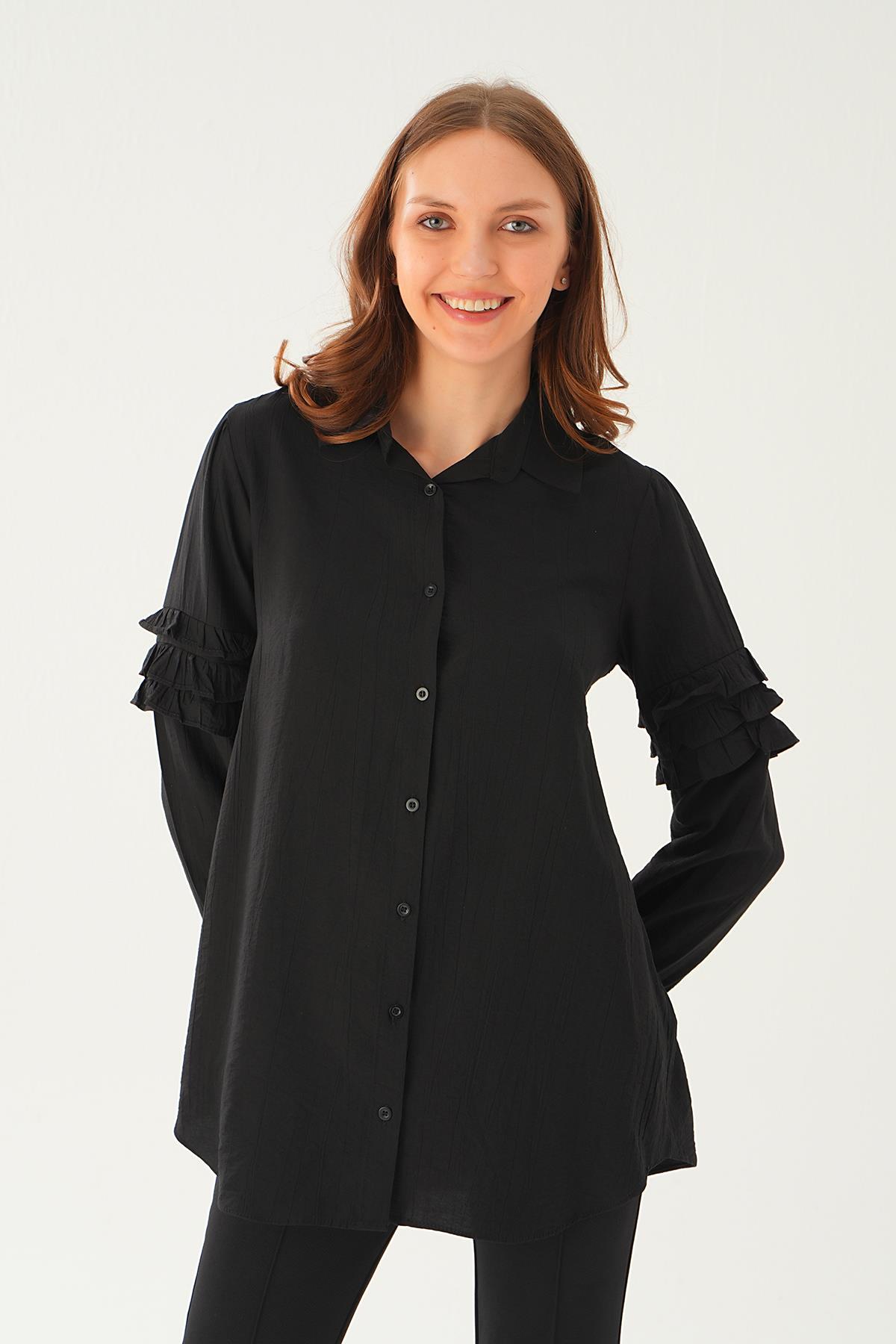 Siyah Kol Fırfırlı Uzun Tunik 4136A 