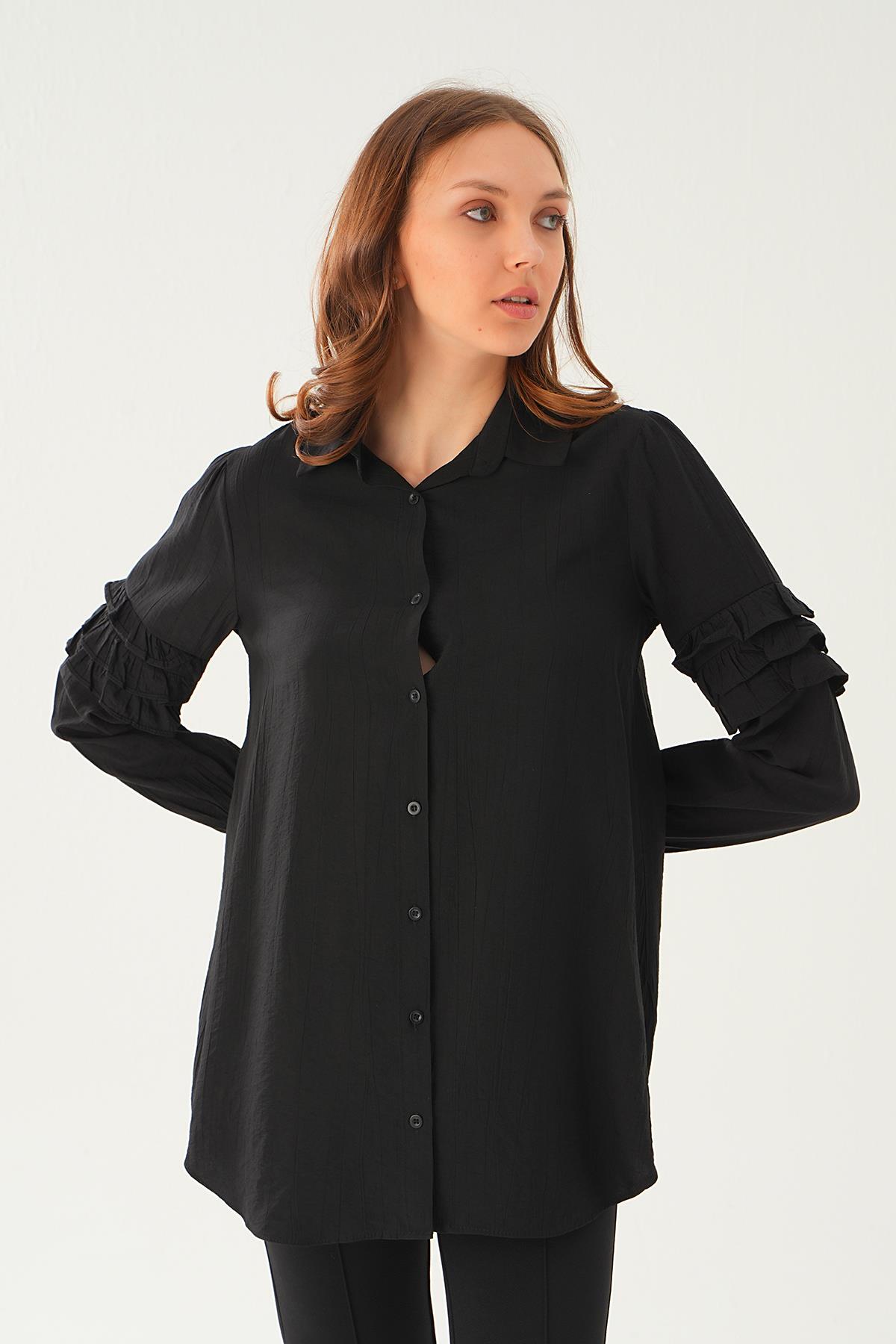 Siyah Kol Fırfırlı Uzun Tunik 4136A - 2