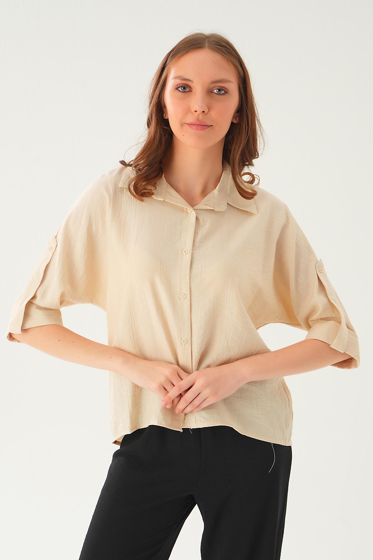 4157A Kol Katlamalı Gömlek Bej 