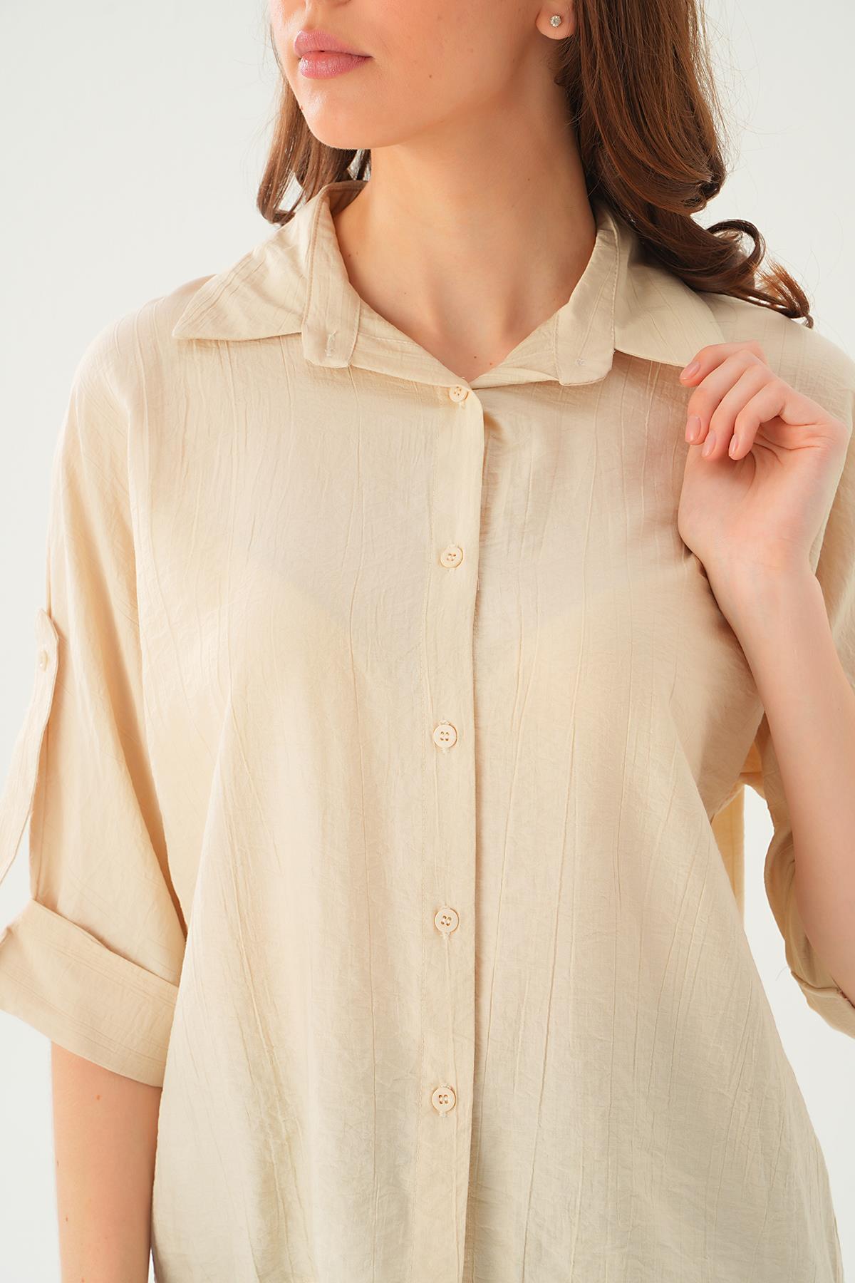 Bej Kol Katlamalı Gömlek 4157A - 5