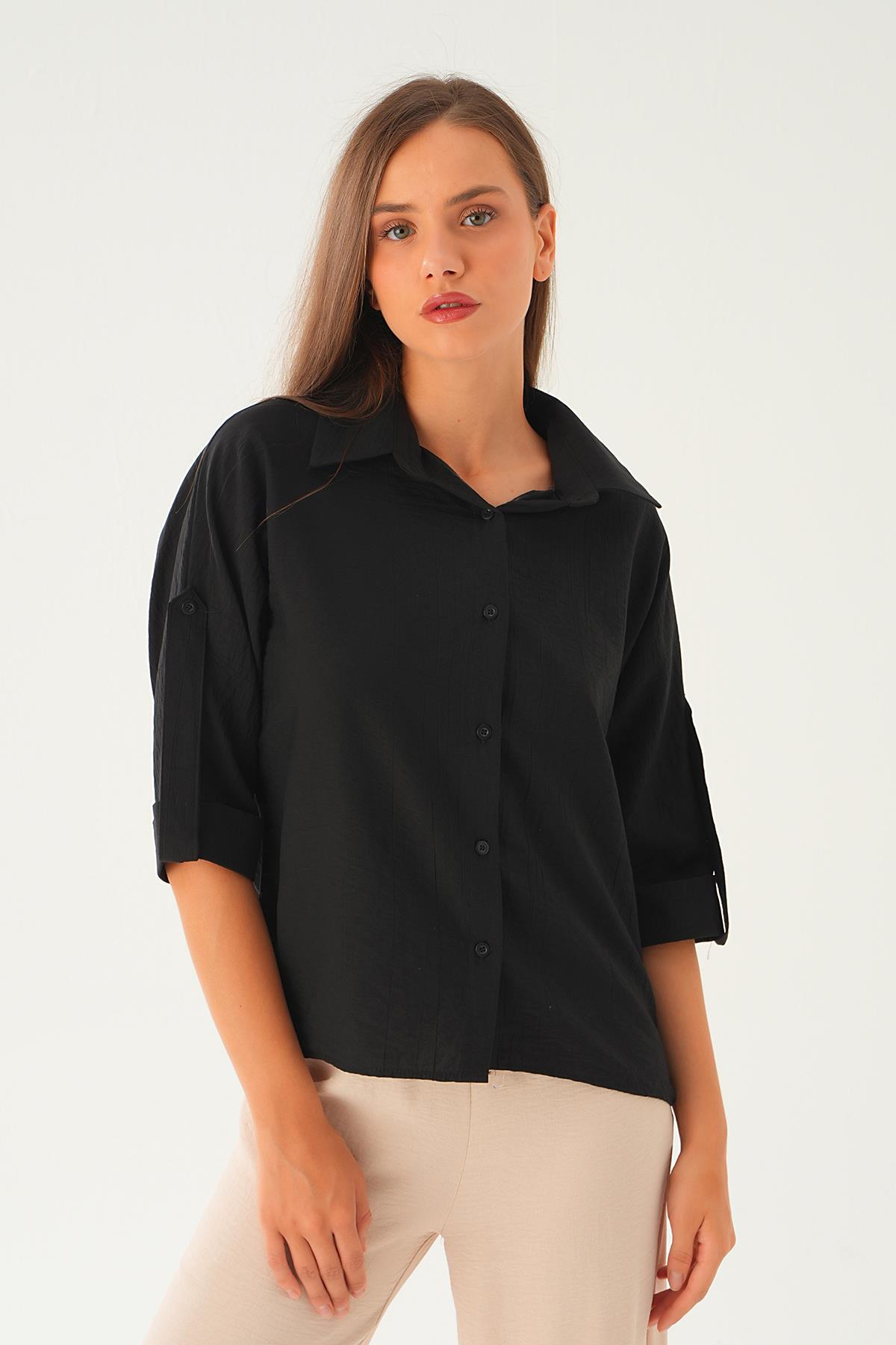 Siyah Kol Katlamalı Gömlek 4157A - 1