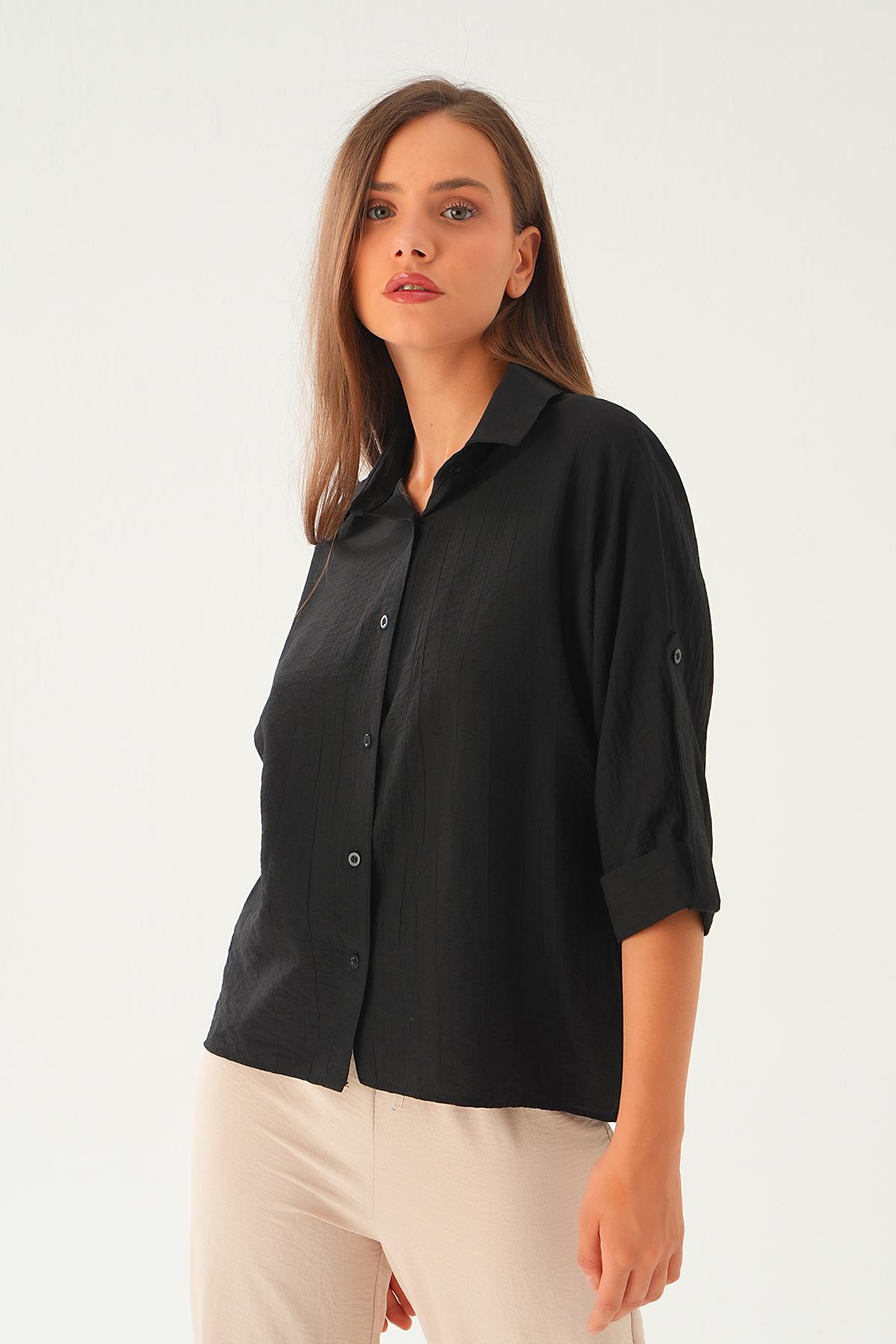 Siyah Kol Katlamalı Gömlek 4157A - 4