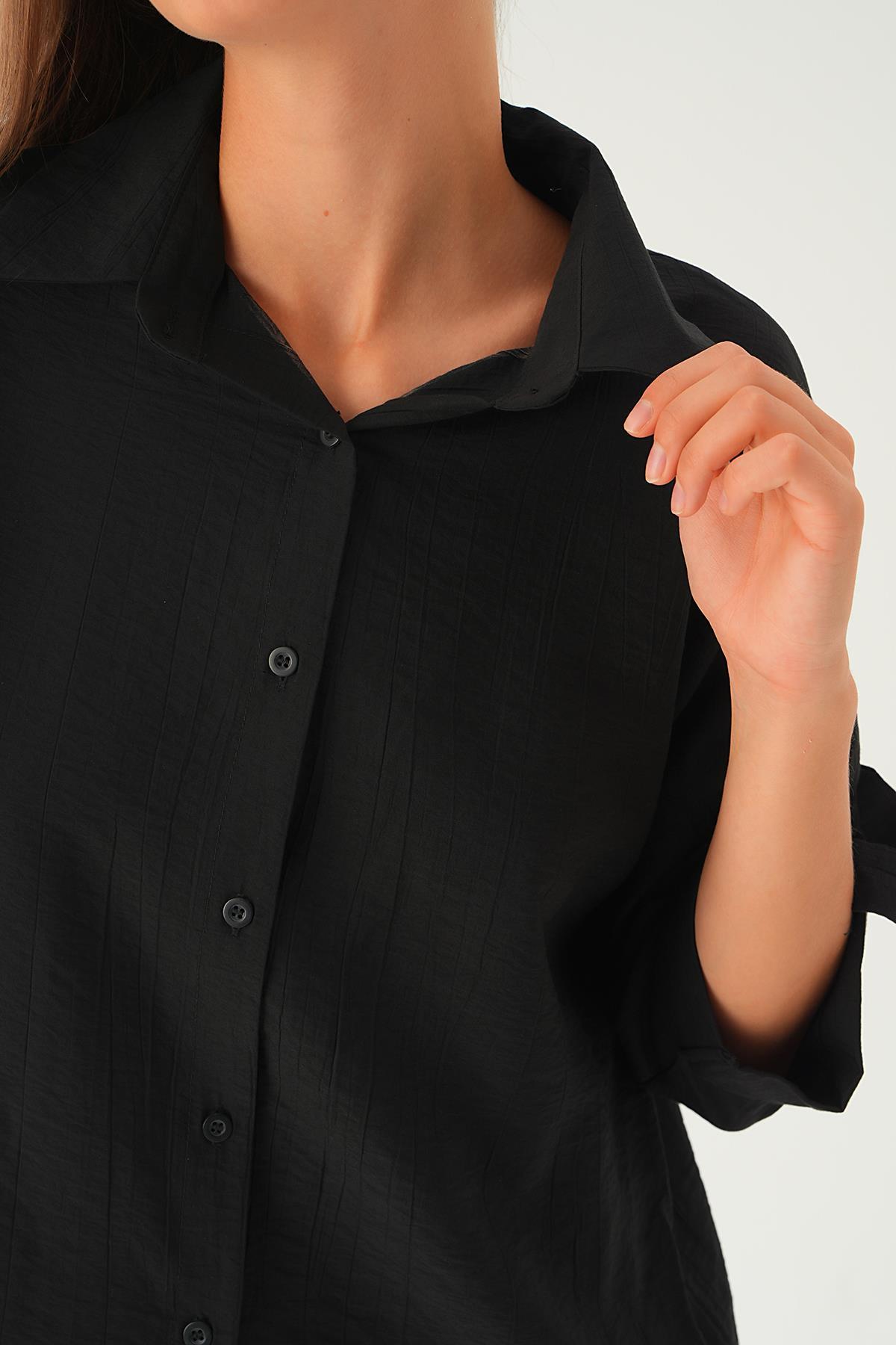 Siyah Kol Katlamalı Gömlek 4157A - 6