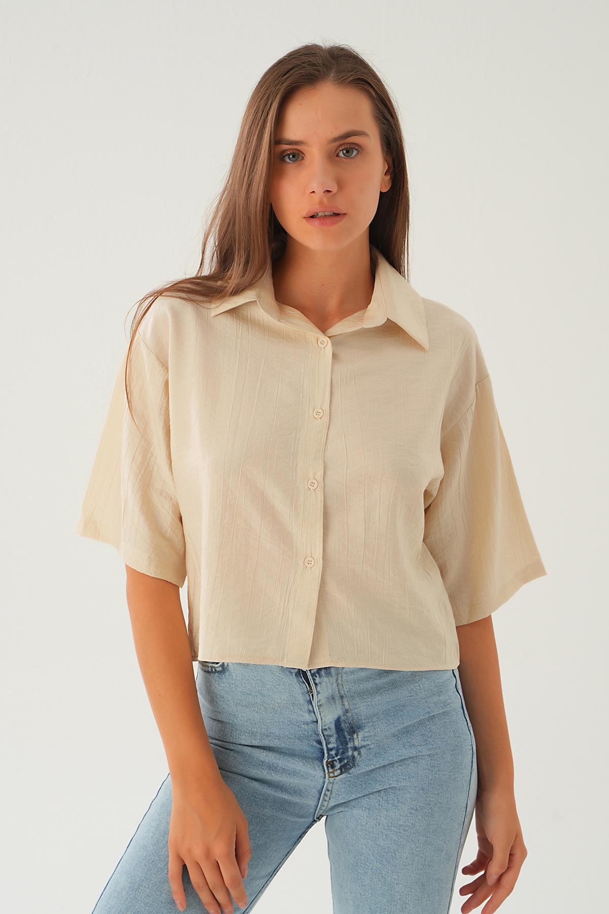 4159A Oversize Kısa Gömlek Bej 