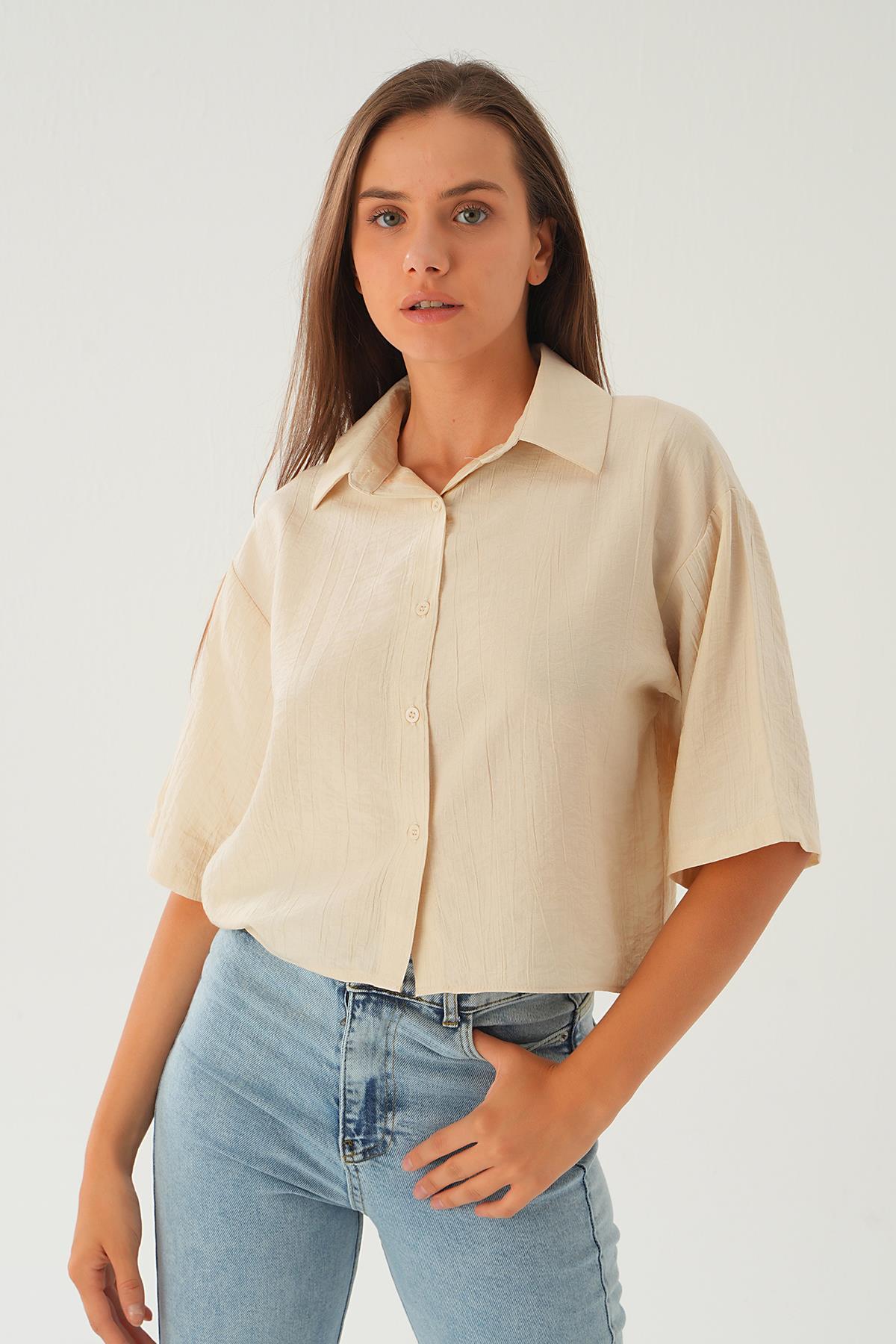 Bej Oversize Kısa Gömlek 4159A - 6