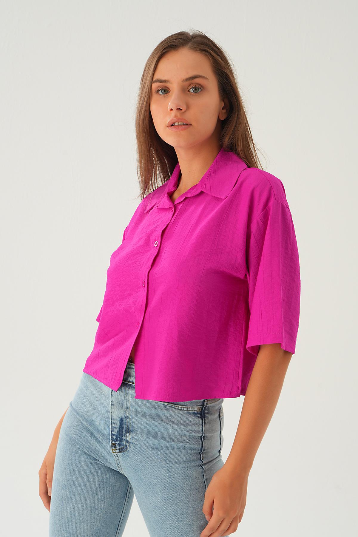 Fuşya Oversize Kısa Gömlek 4159A - 1