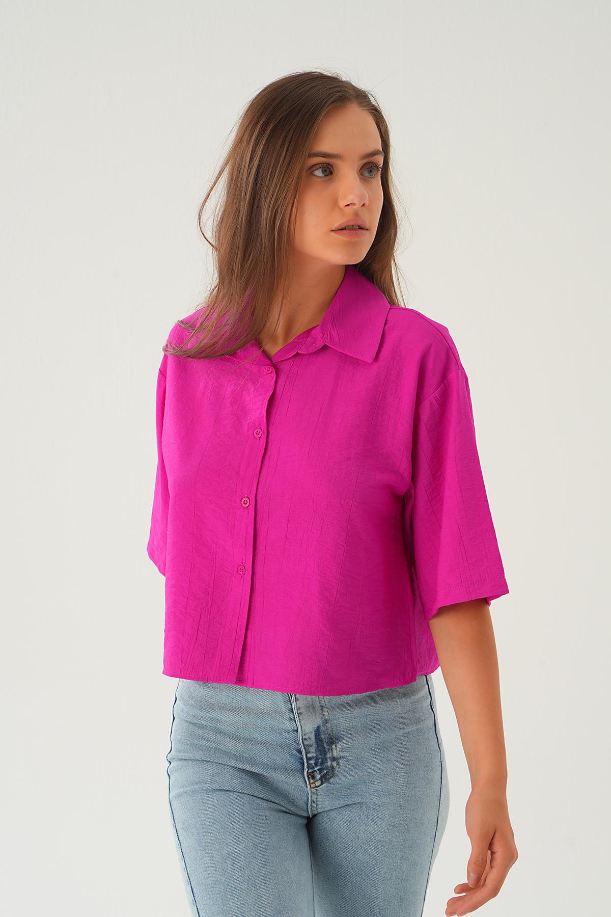 Fuşya Oversize Kısa Gömlek 4159A - 3