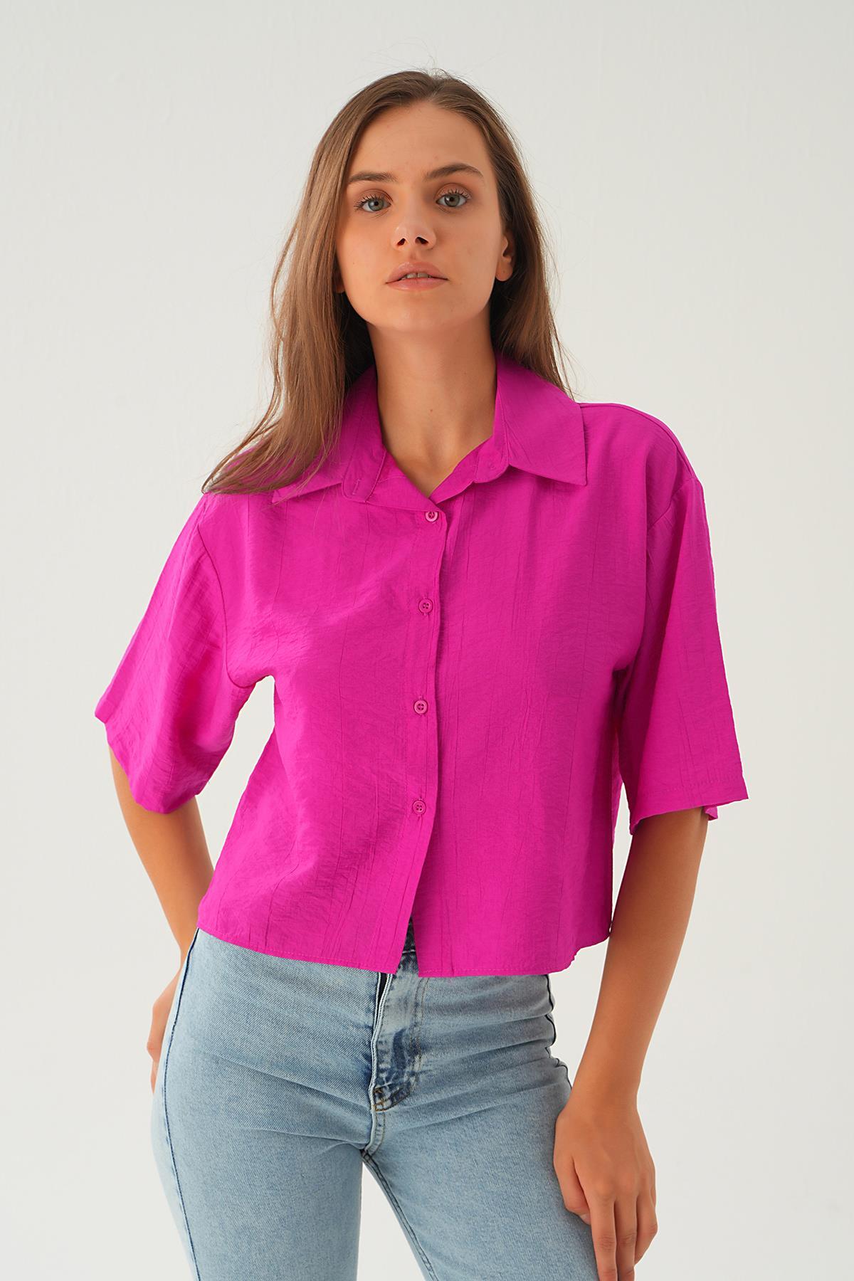 Oversize Kısa Gömlek 4159A Fuşya - 2