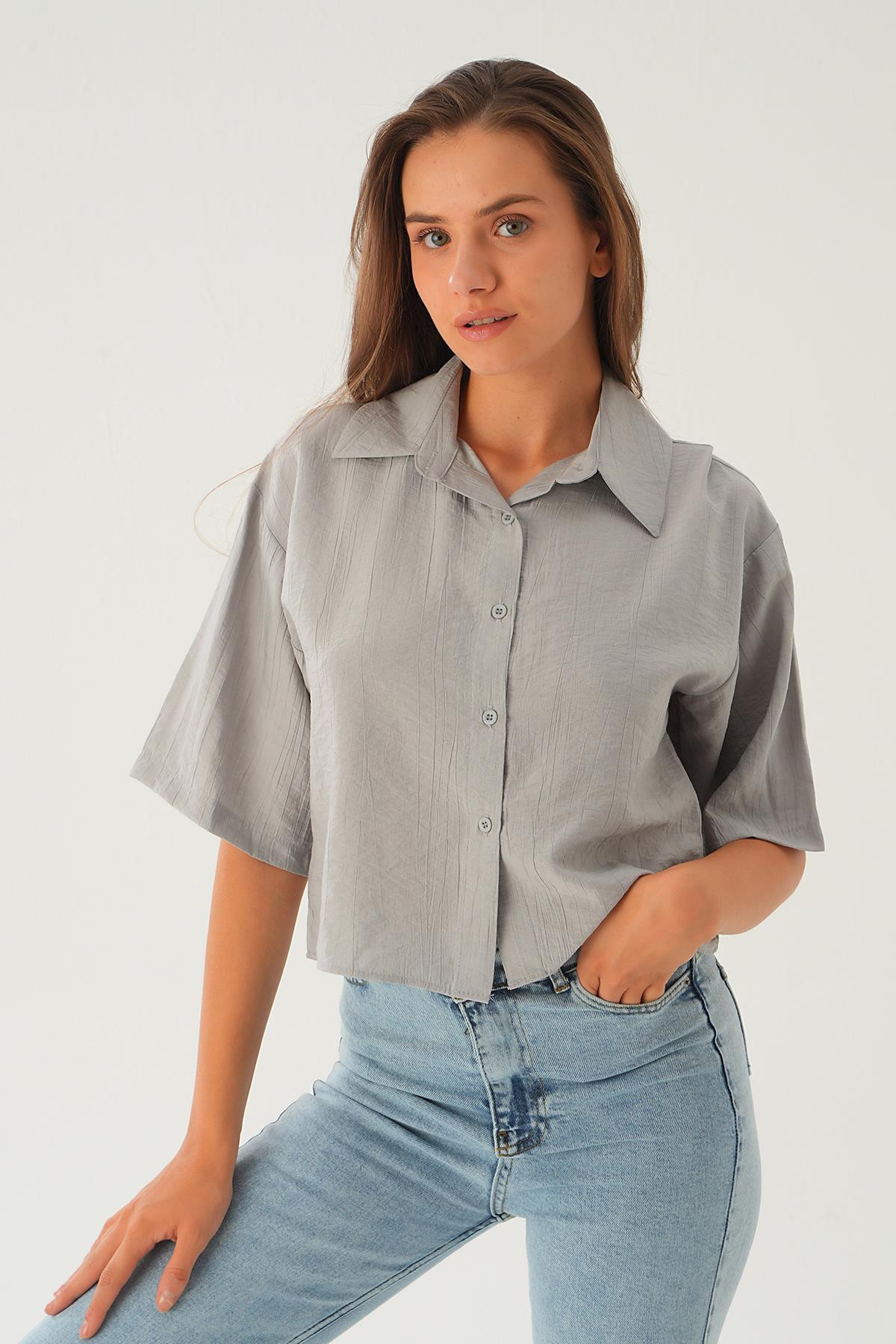 Gri Oversize Kısa Gömlek 4159A - 4