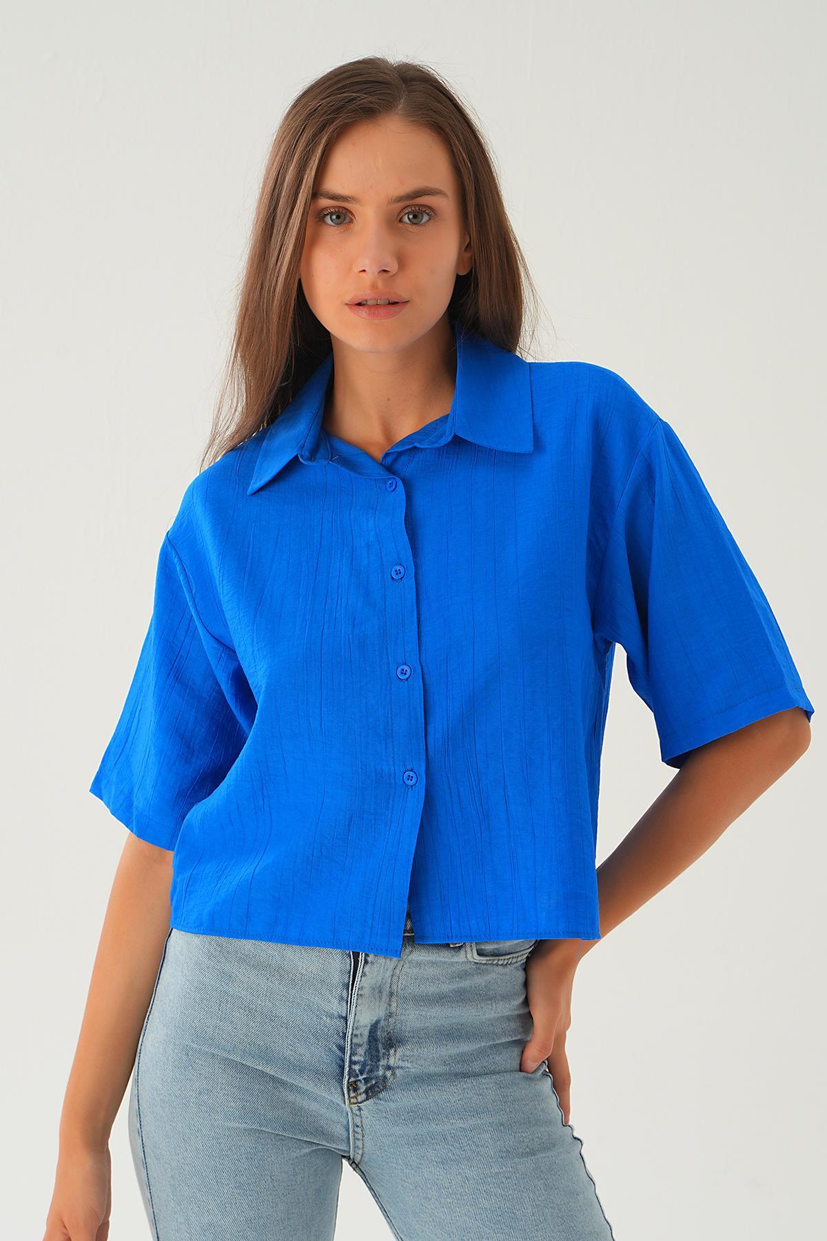 4159A Oversize Kısa Gömlek Saks 