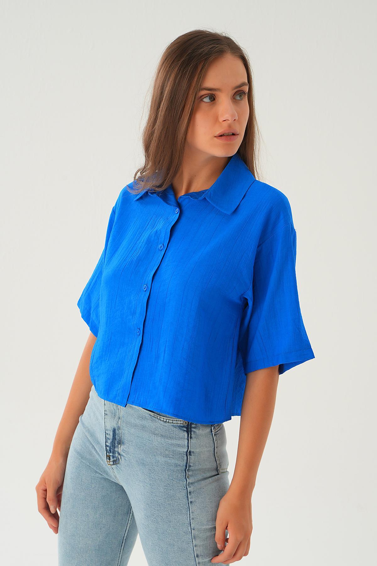 Saks Oversize Kısa Gömlek 4159A - 4