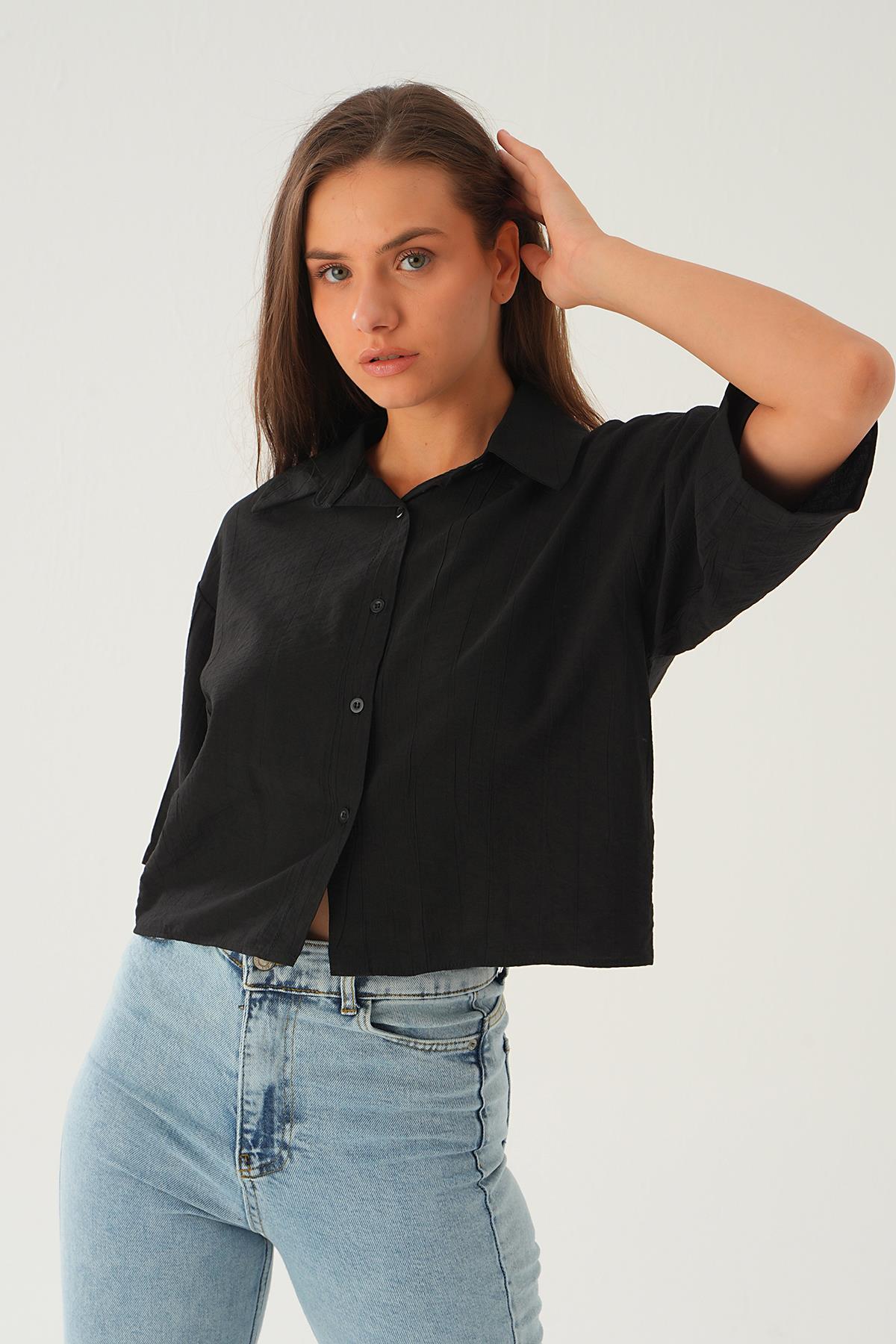 Siyah Oversize Kısa Gömlek 4159A - 2