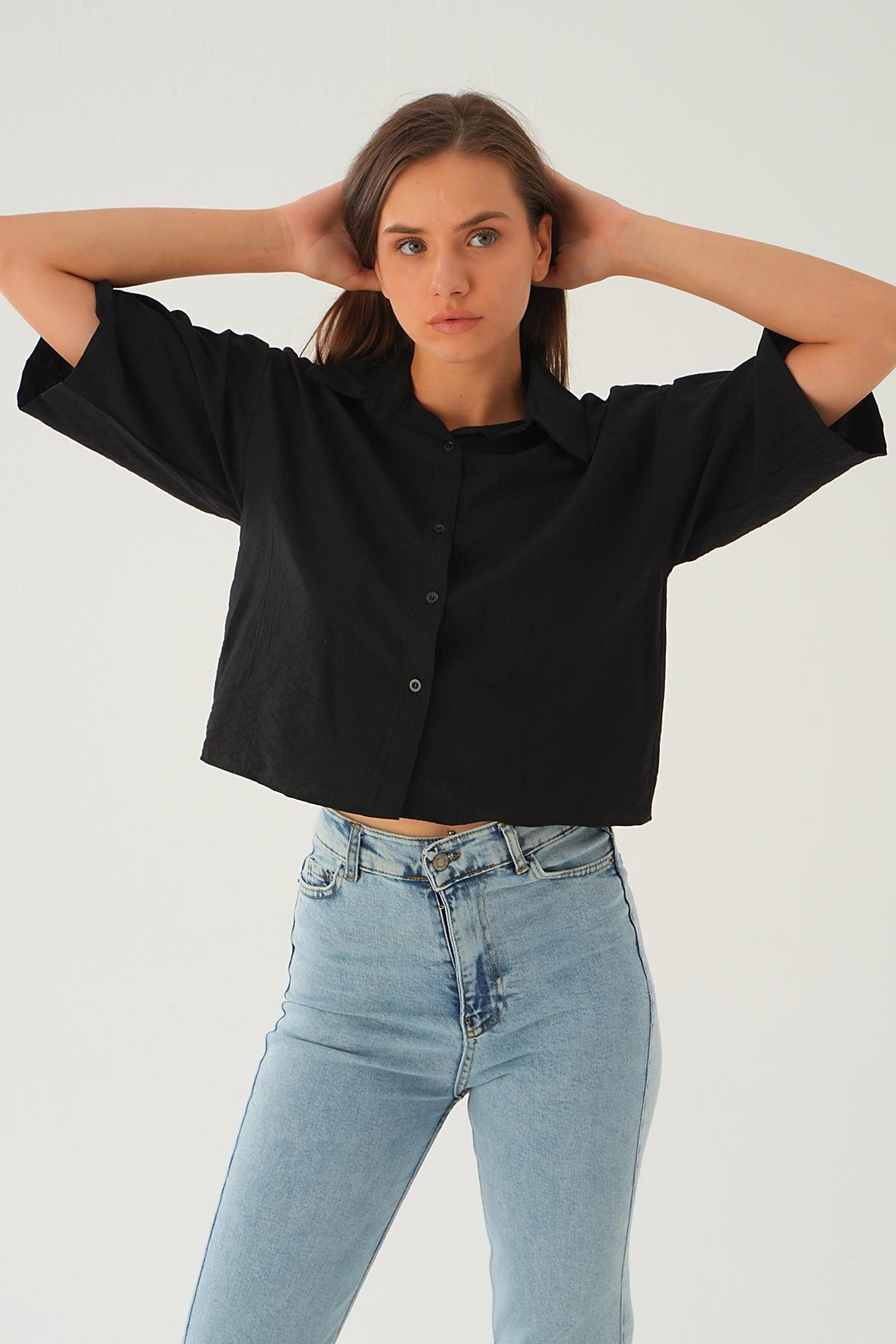 Siyah Oversize Kısa Gömlek 4159A - 3
