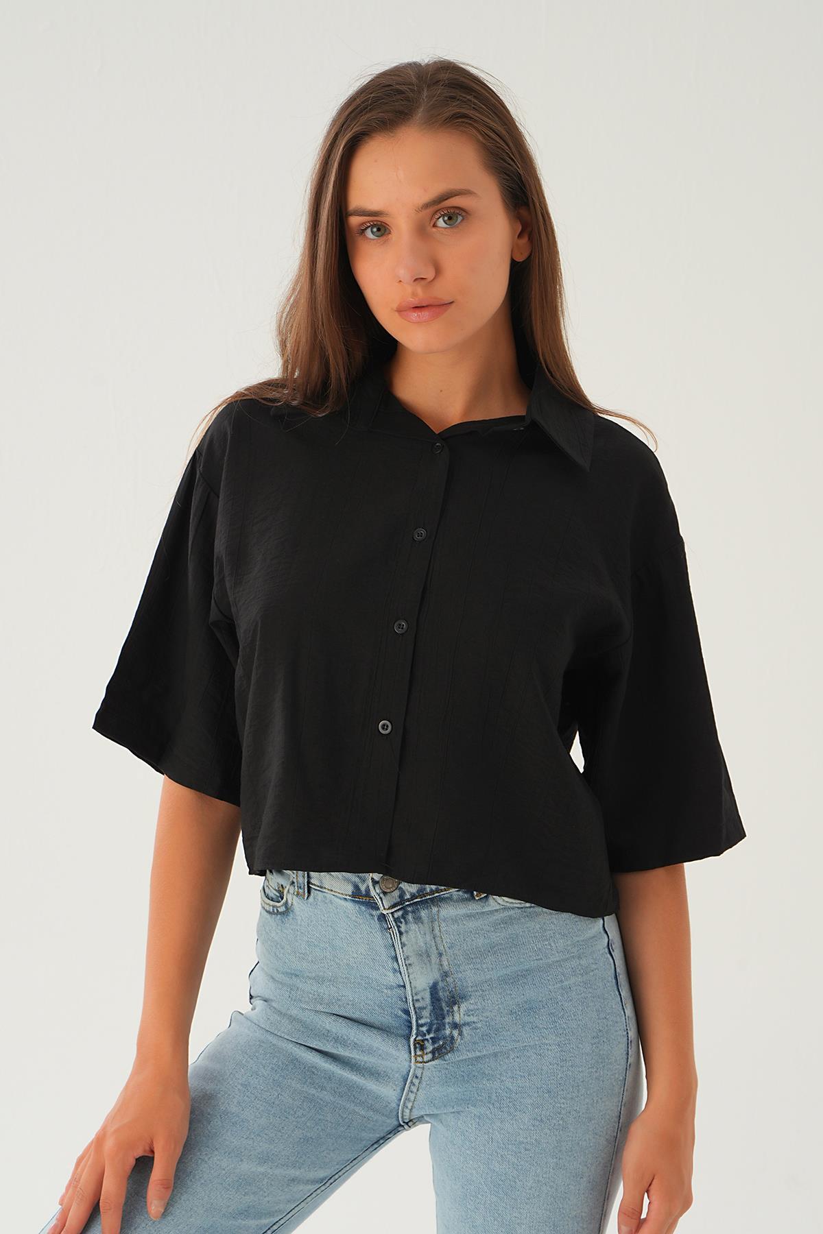 Siyah Oversize Kısa Gömlek 4159A - 6
