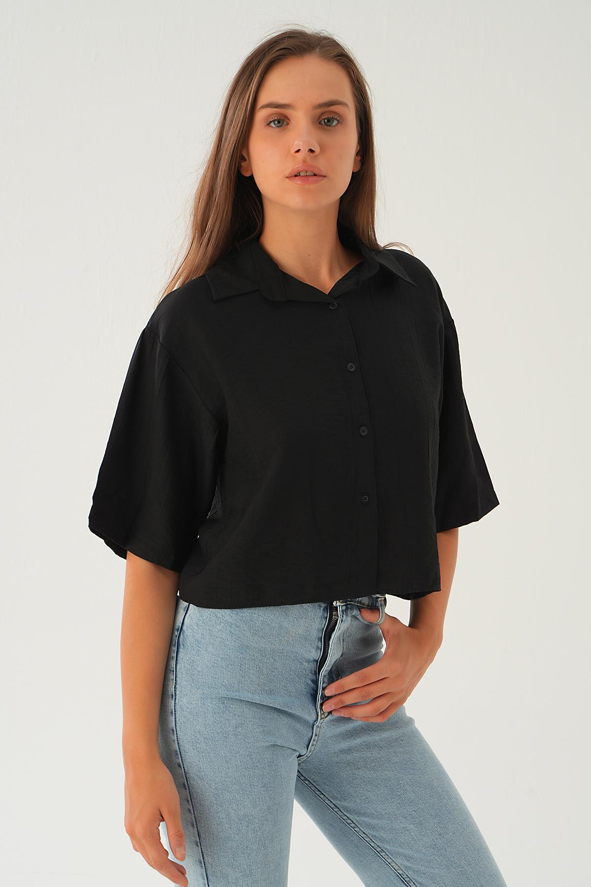 Siyah Oversize Kısa Gömlek 4159A - 1