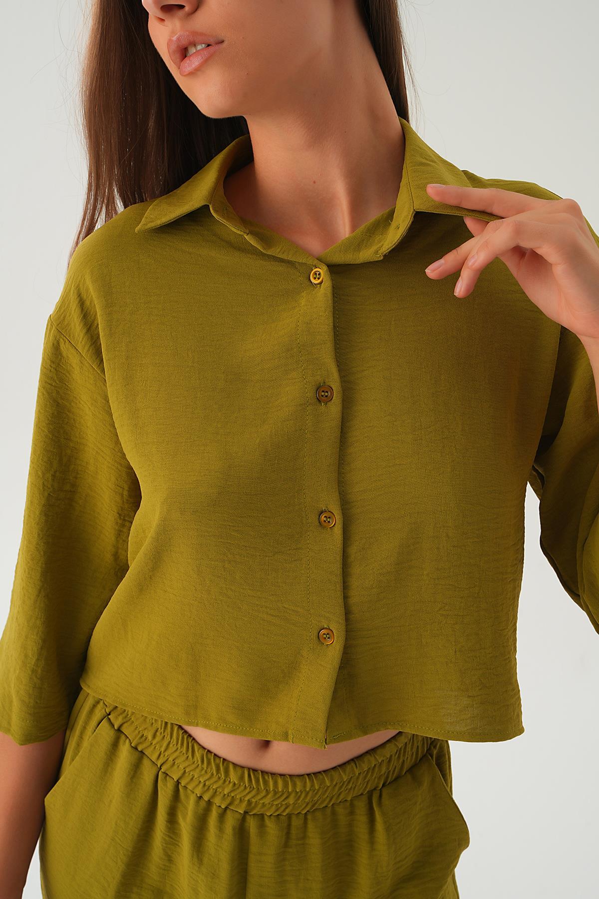 Yağ Yeşili Gömlek Detay Pantolon Takım 4161A - 6