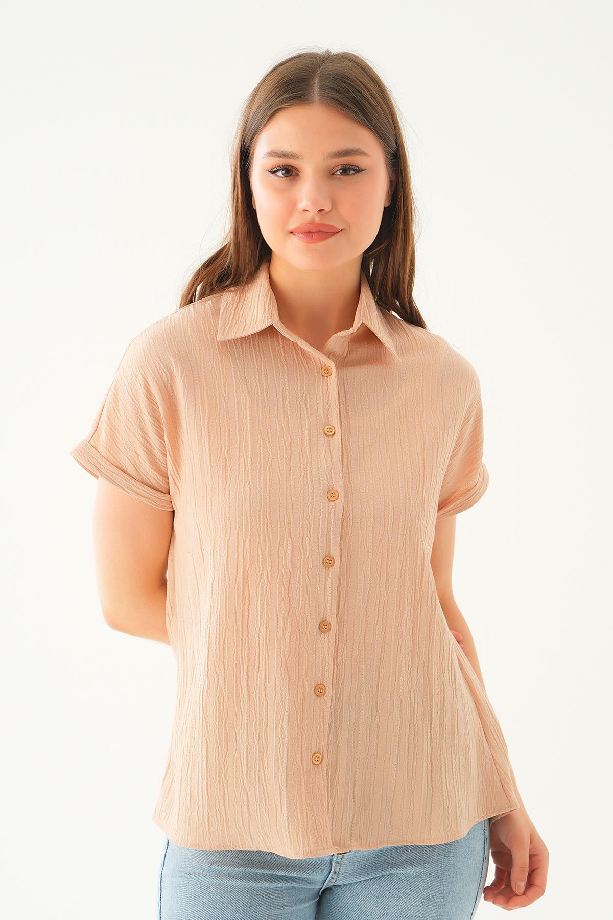 Bej Kısa Kol Oversize Gömlek 4163A 