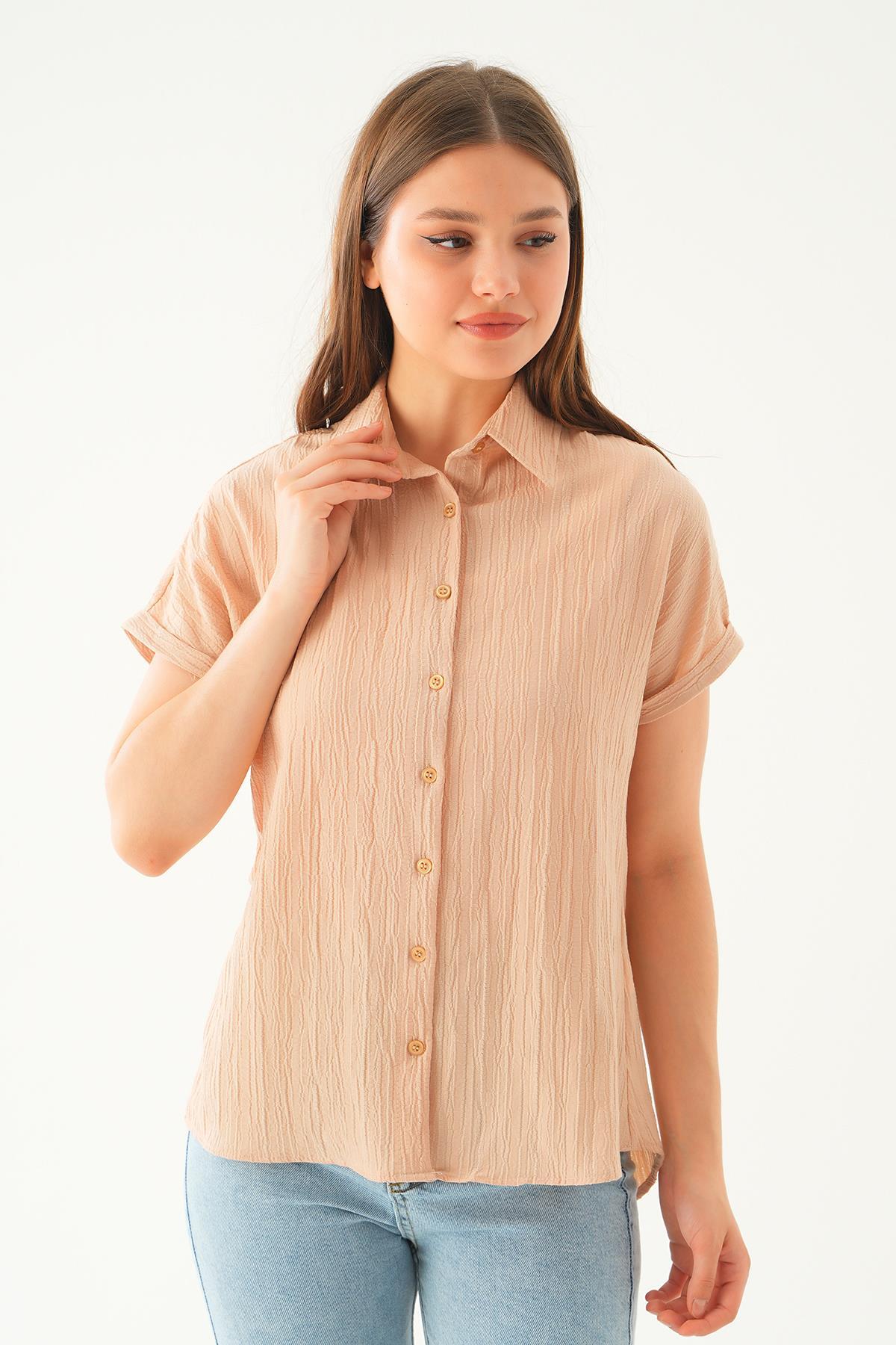 Bej Kısa Kol Oversize Gömlek 4163A - 2
