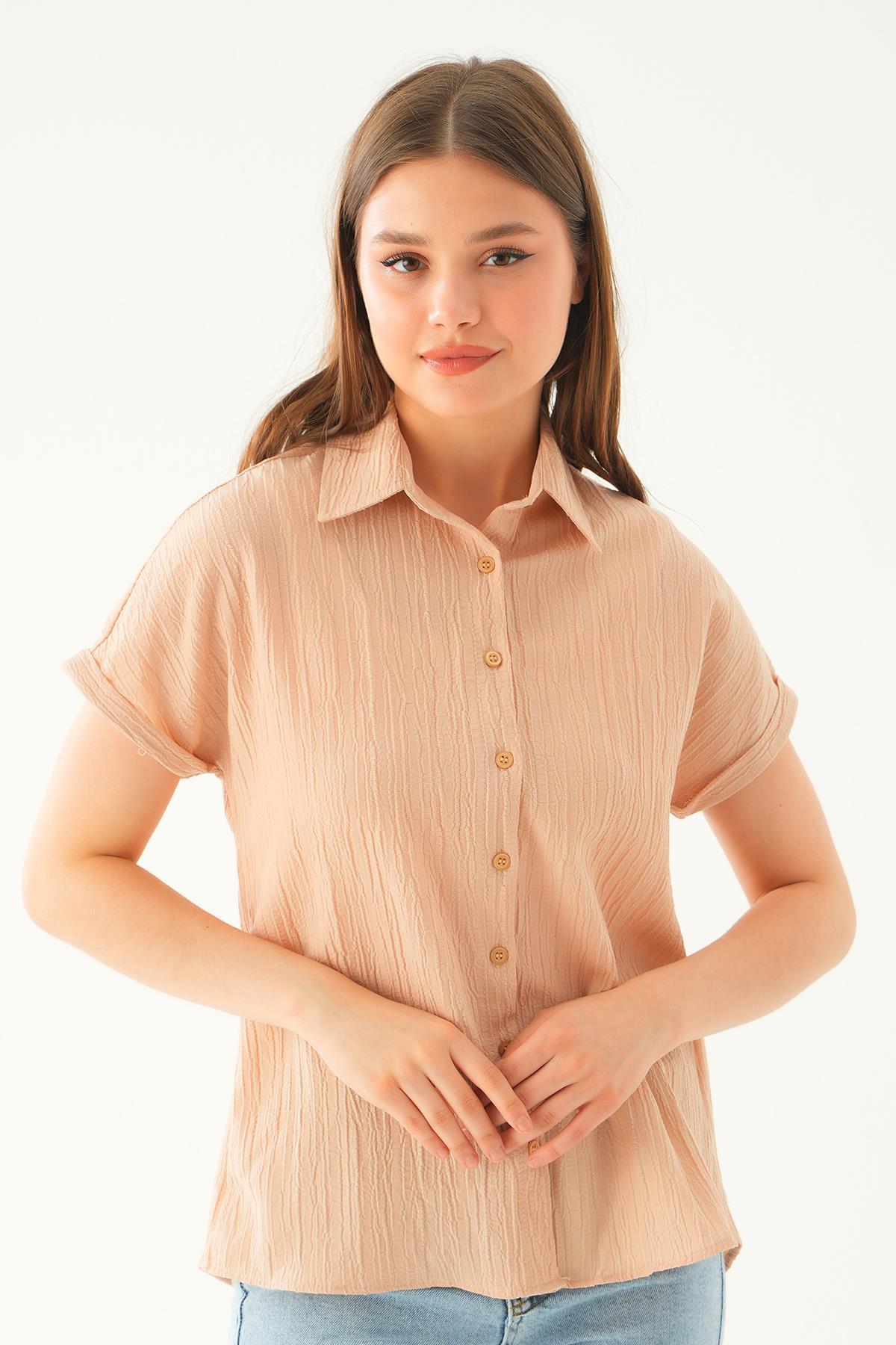 Bej Kısa Kol Oversize Gömlek 4163A - 3