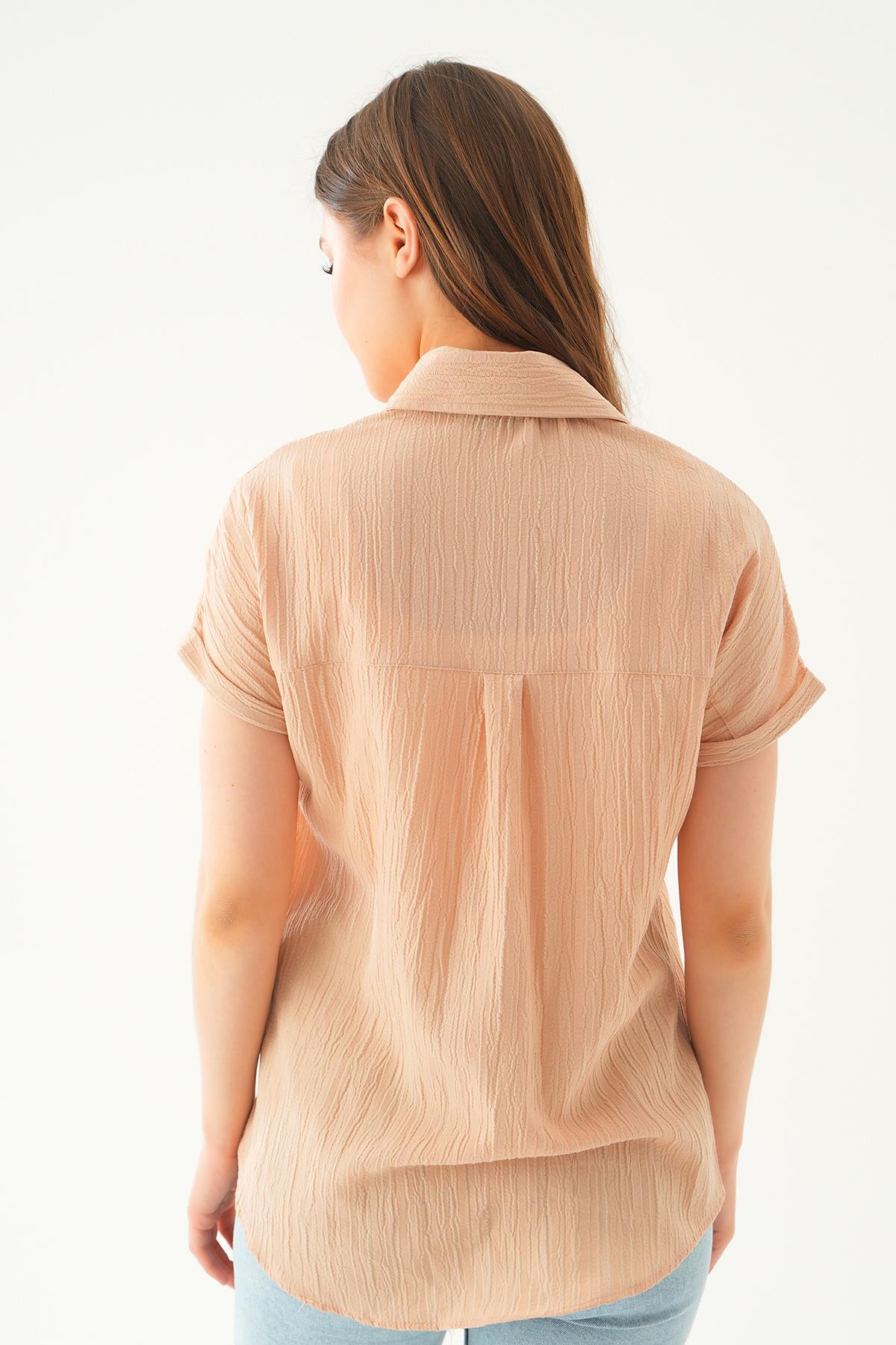Bej Kısa Kol Oversize Gömlek 4163A - 4