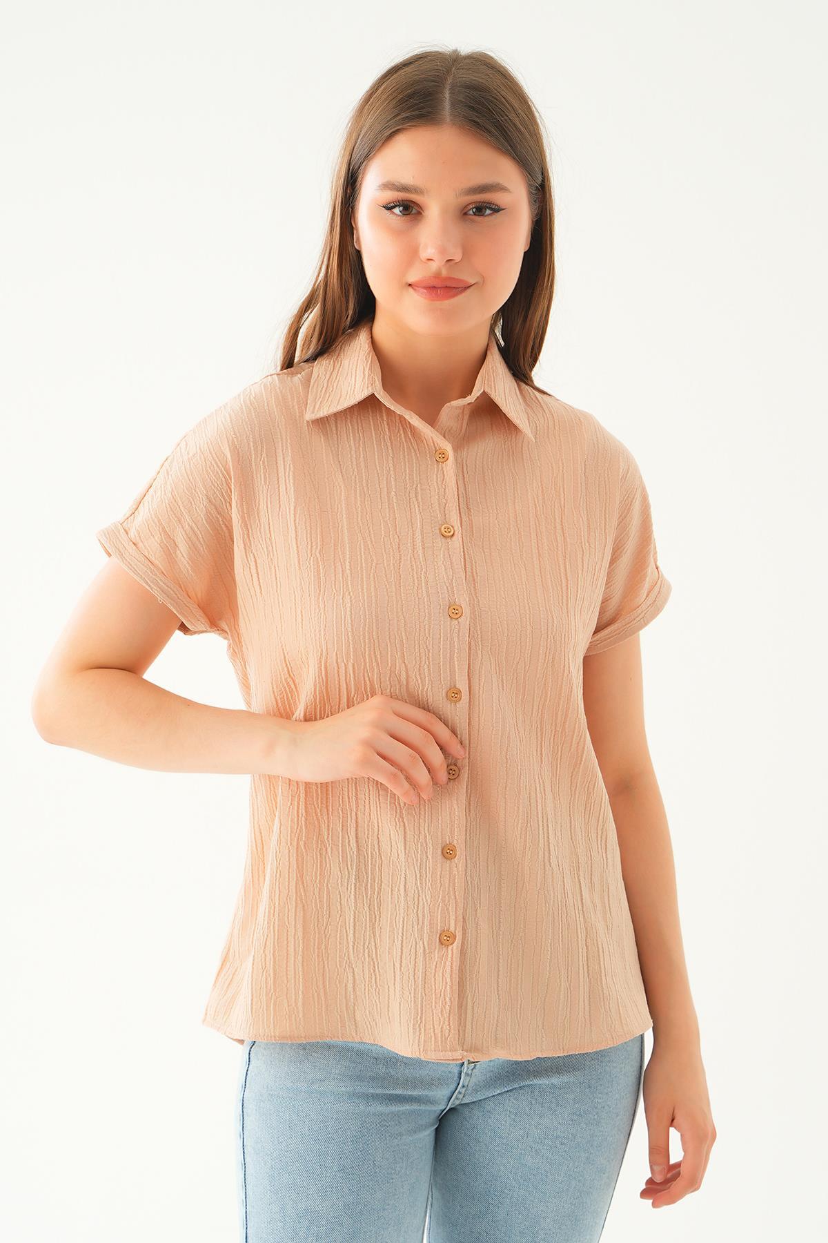 Bej Kısa Kol Oversize Gömlek 4163A - 5