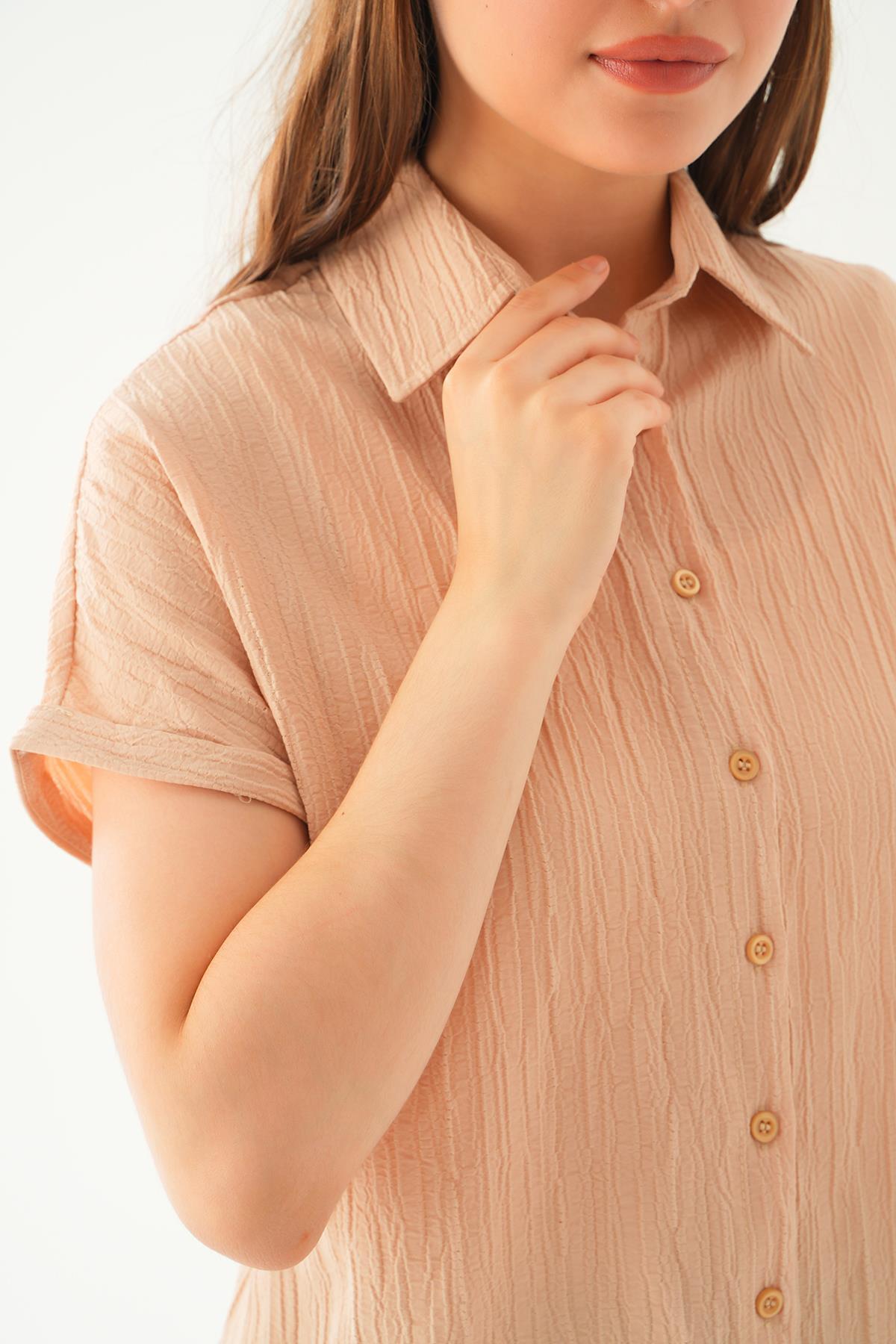 Bej Kısa Kol Oversize Gömlek 4163A - 6