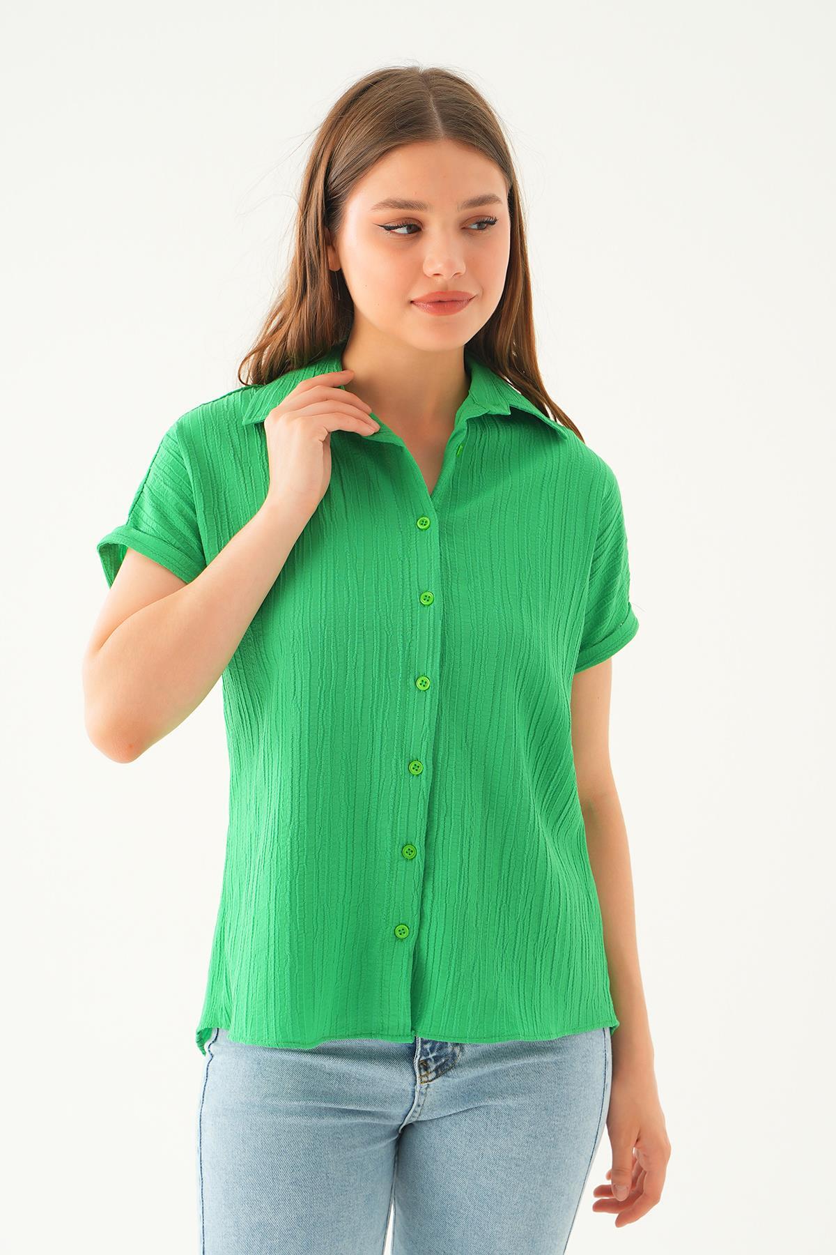 Benetton Yeşili Kısa Kol Oversize Gömlek 4163A - 2