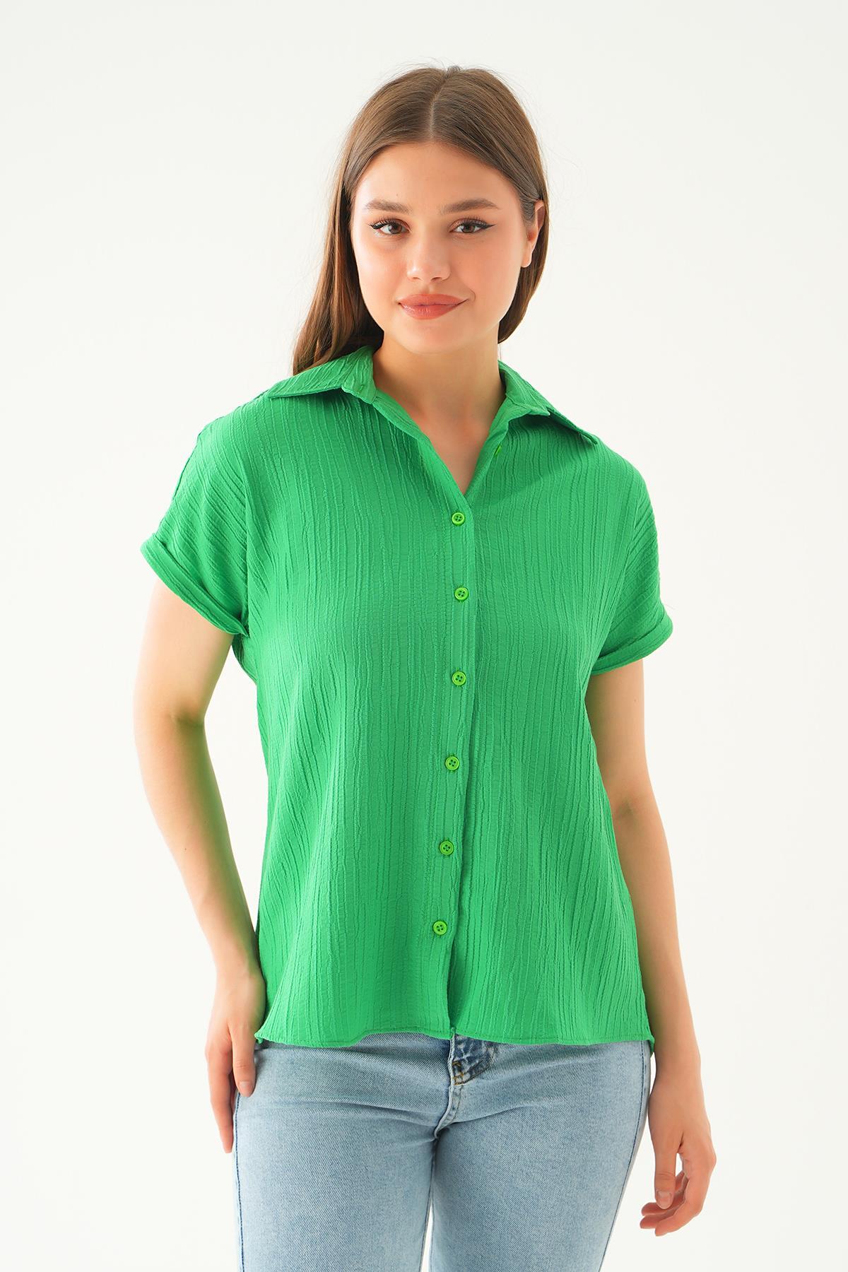 Benetton Yeşili Kısa Kol Oversize Gömlek 4163A - 5