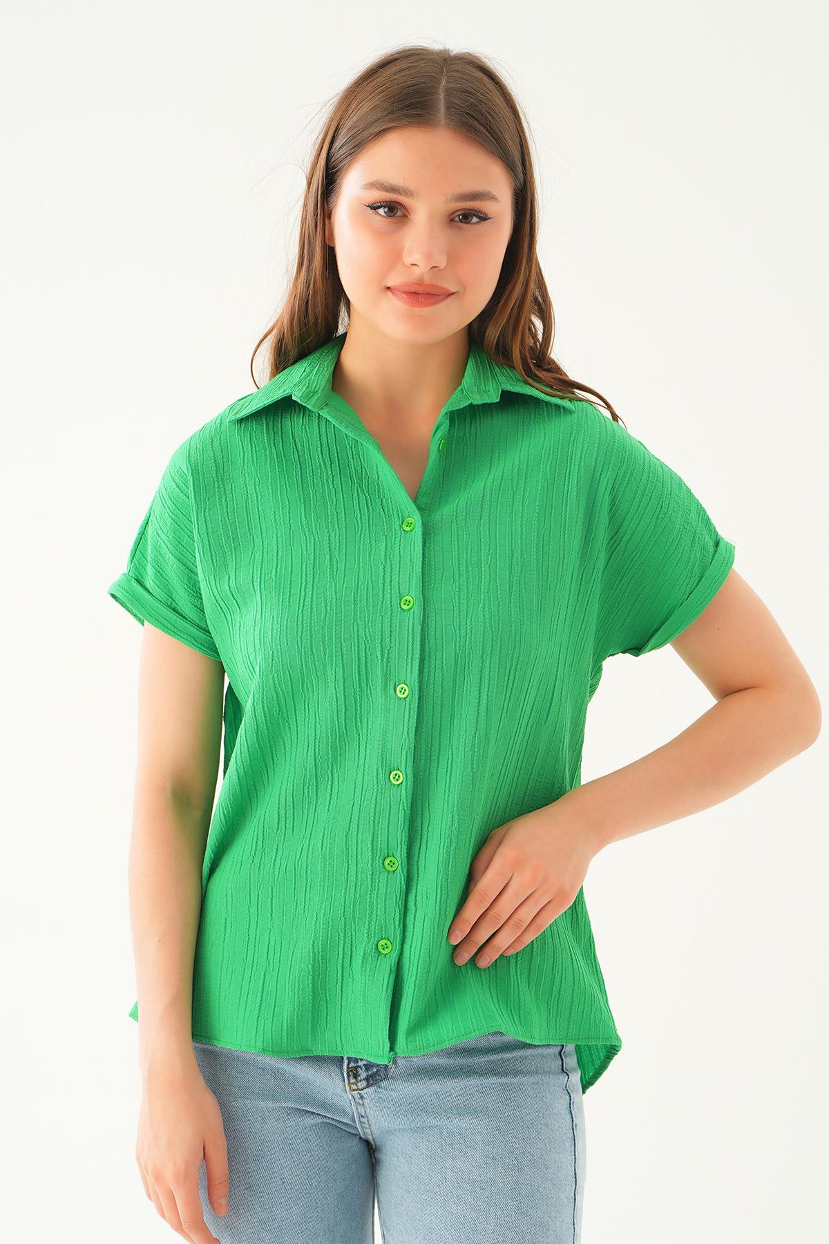 Benetton Yeşili Kısa Kol Oversize Gömlek 4163A - 1