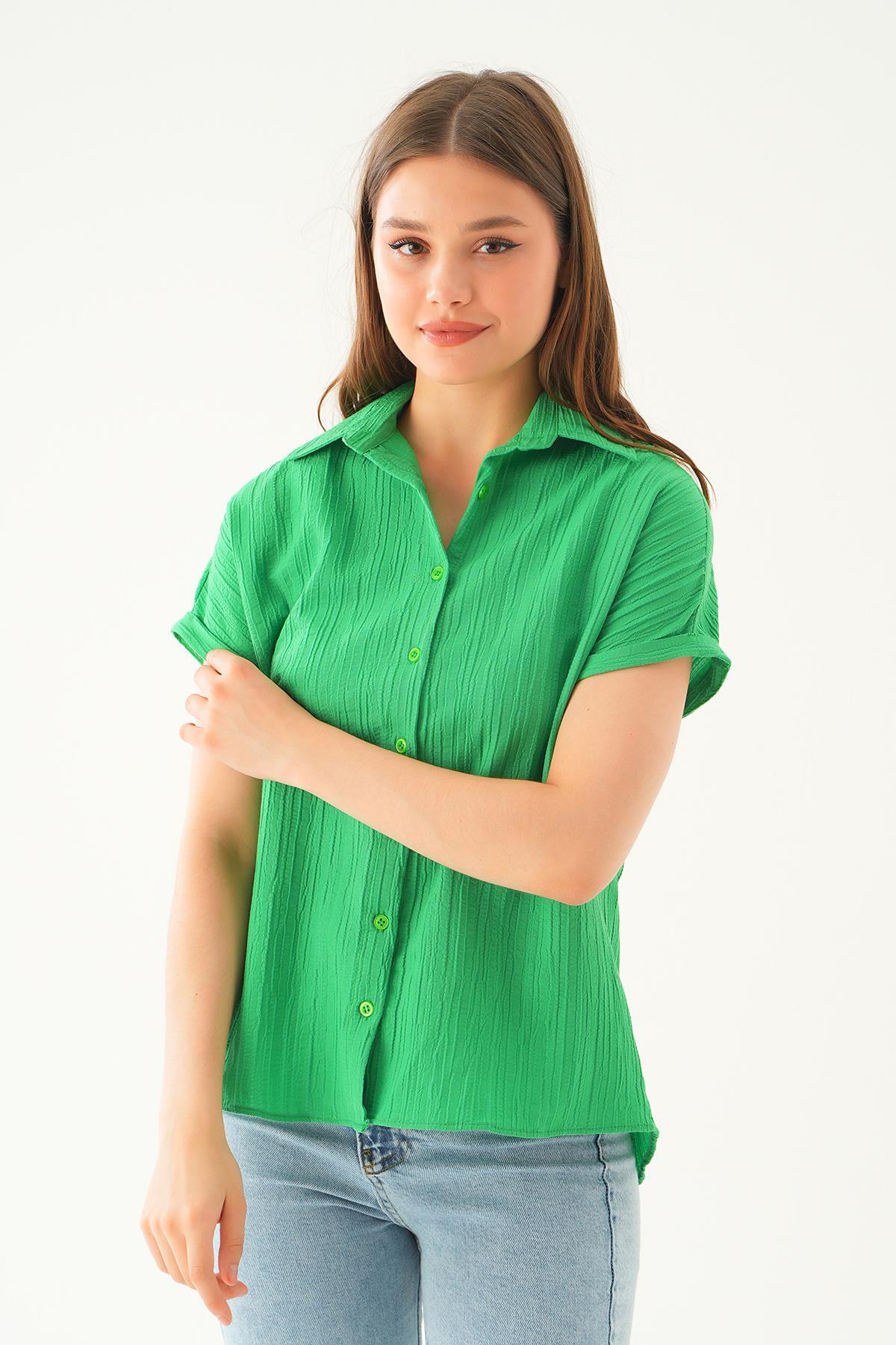 Benetton Yeşili Kısa Kol Oversize Gömlek 4163A - 3