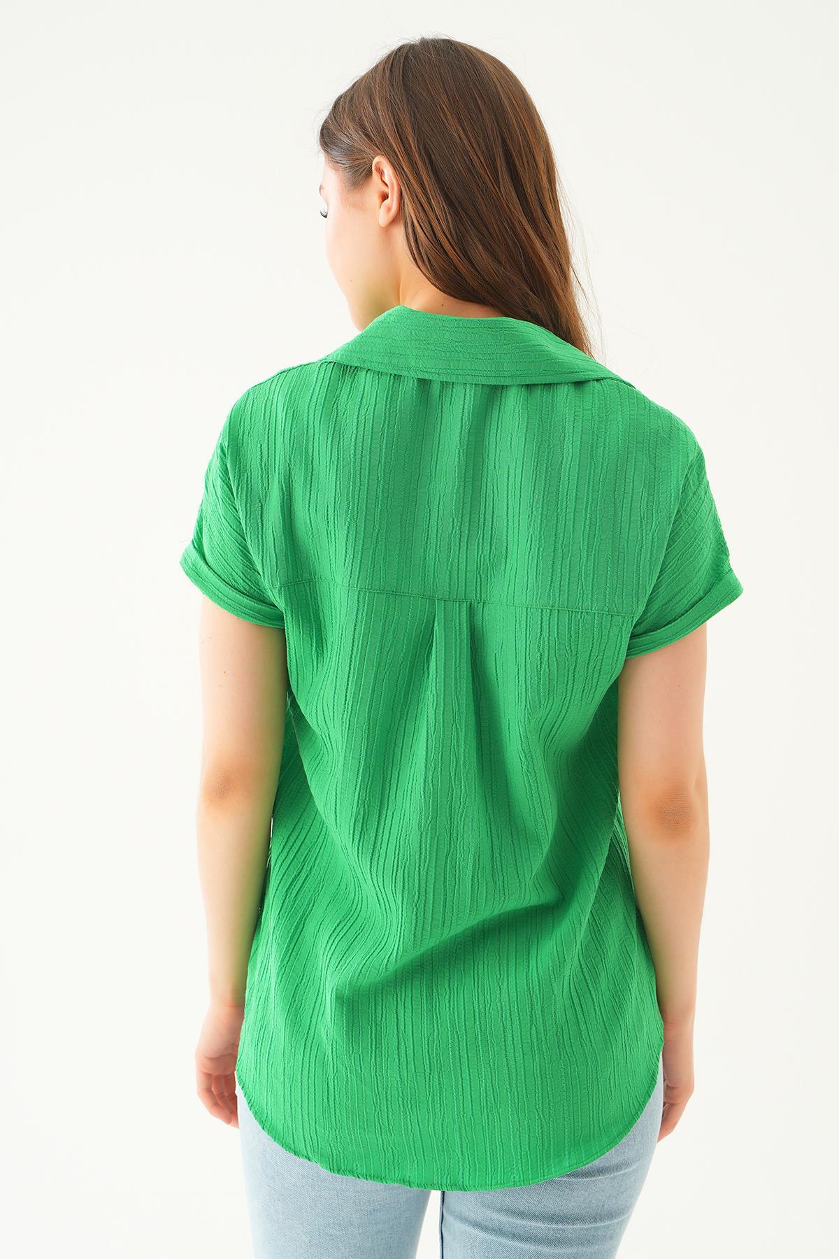 Benetton Yeşili Kısa Kol Oversize Gömlek 4163A - 4