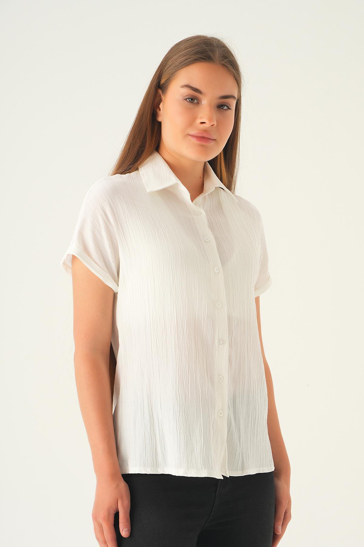 Ekru Kısa Kol Oversize Gömlek 4163A - 3
