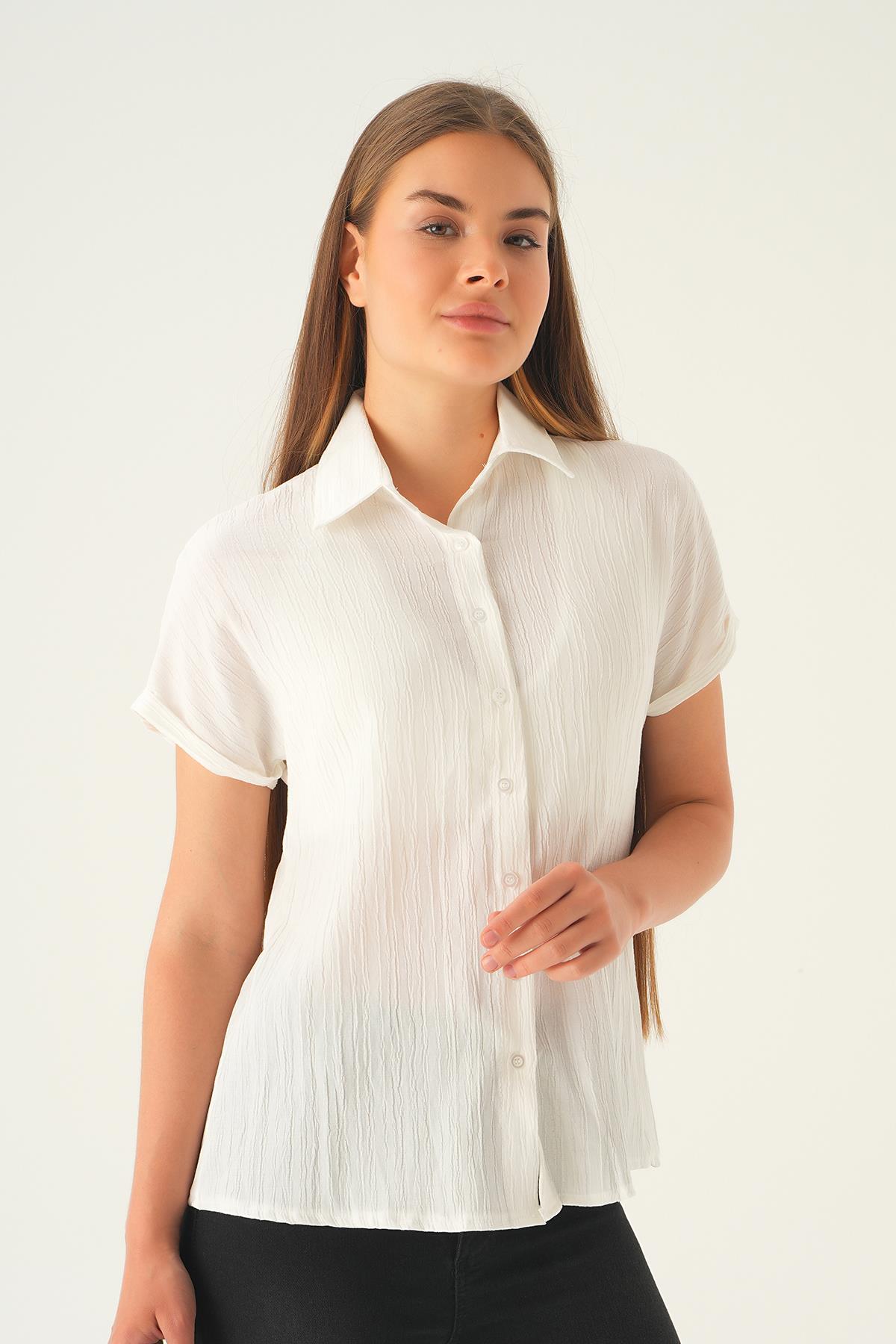 Ekru Kısa Kol Oversize Gömlek 4163A - 4