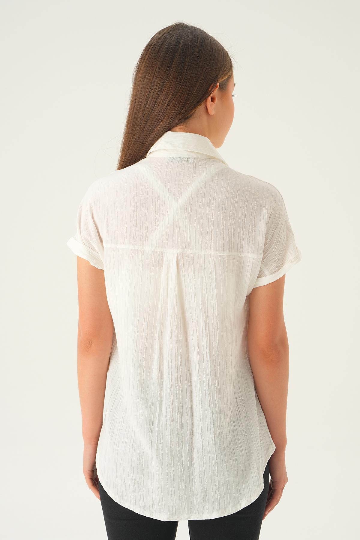 Ekru Kısa Kol Oversize Gömlek 4163A - 5