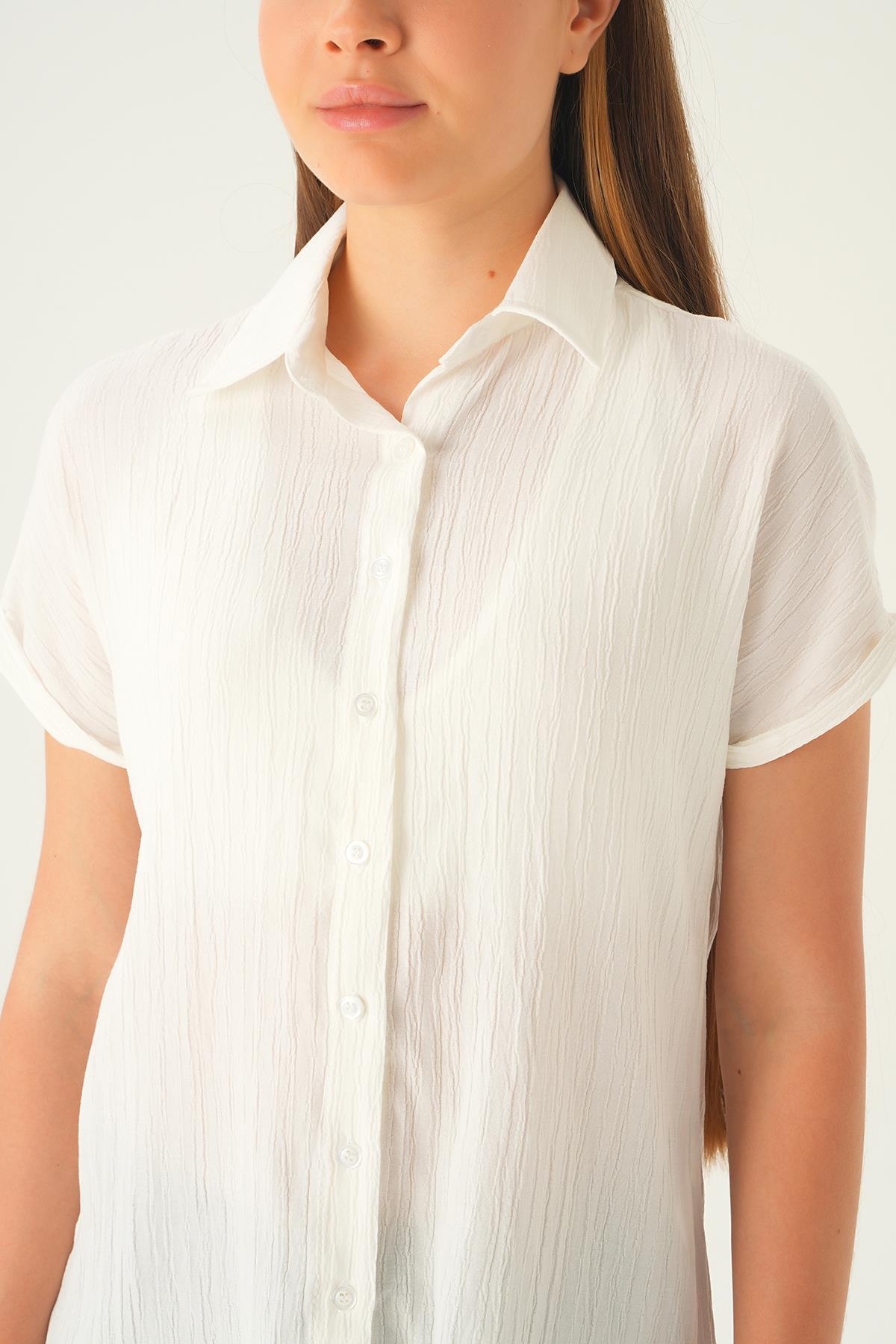 Ekru Kısa Kol Oversize Gömlek 4163A - 6