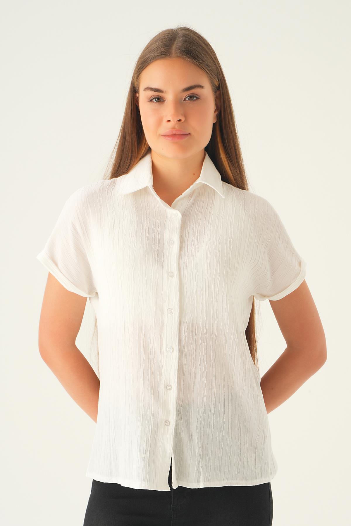 Ekru Kısa Kol Oversize Gömlek 4163A - 1