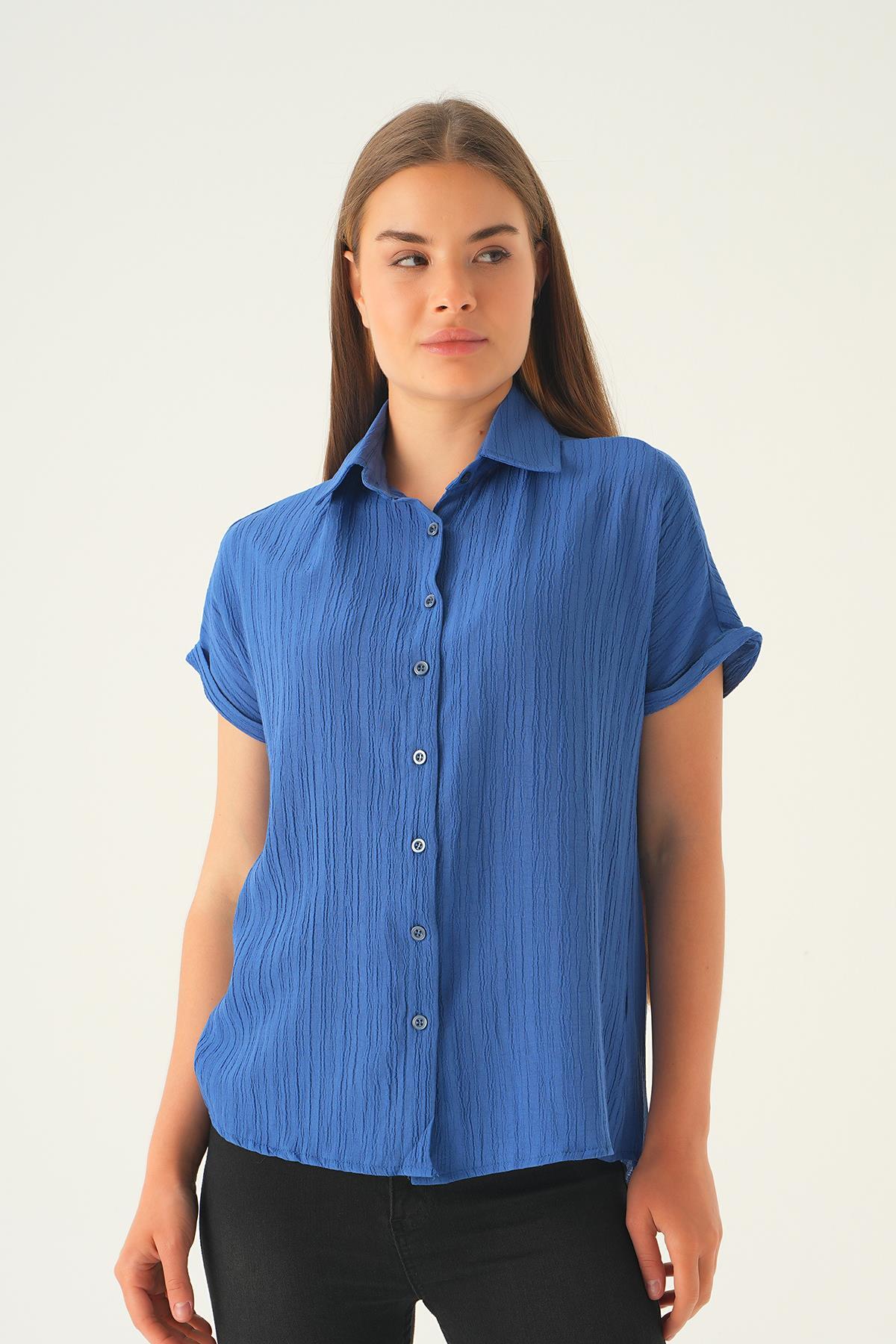 İndigo Kısa Kol Oversize Gömlek 4163A - 3