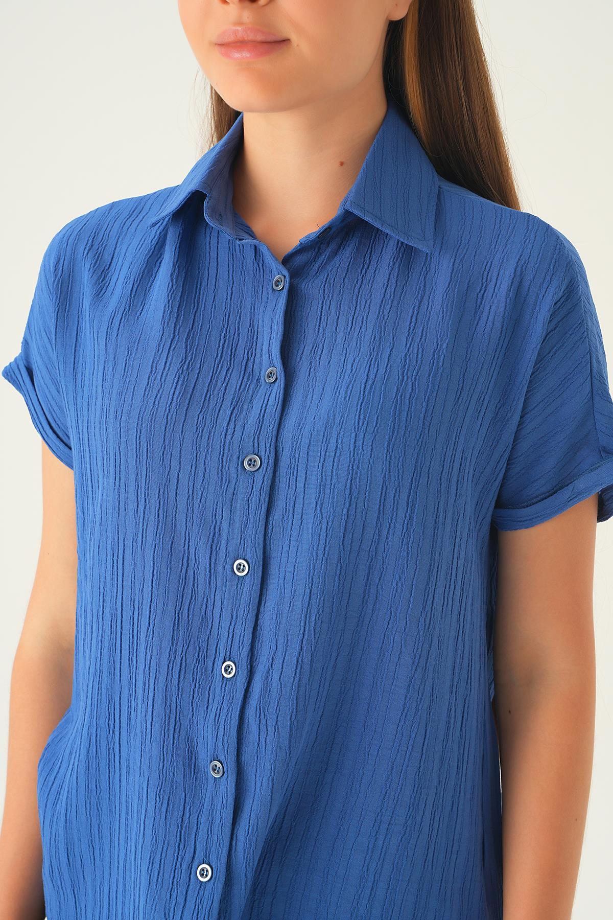 İndigo Kısa Kol Oversize Gömlek 4163A - 6