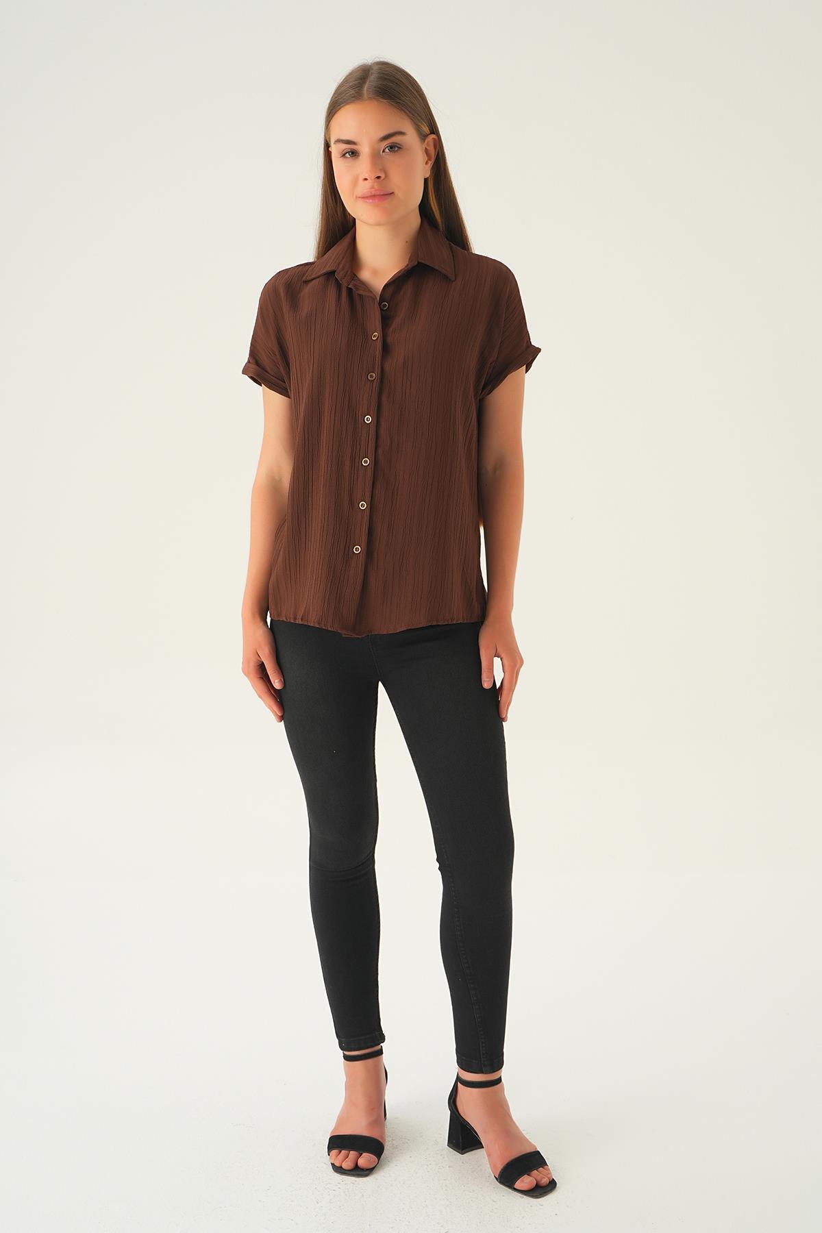 Kahve Kısa Kol Oversize Gömlek 4163A - 2