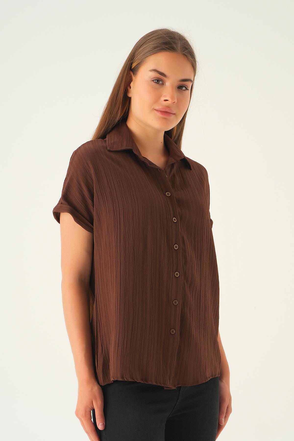 Kahve Kısa Kol Oversize Gömlek 4163A - 4