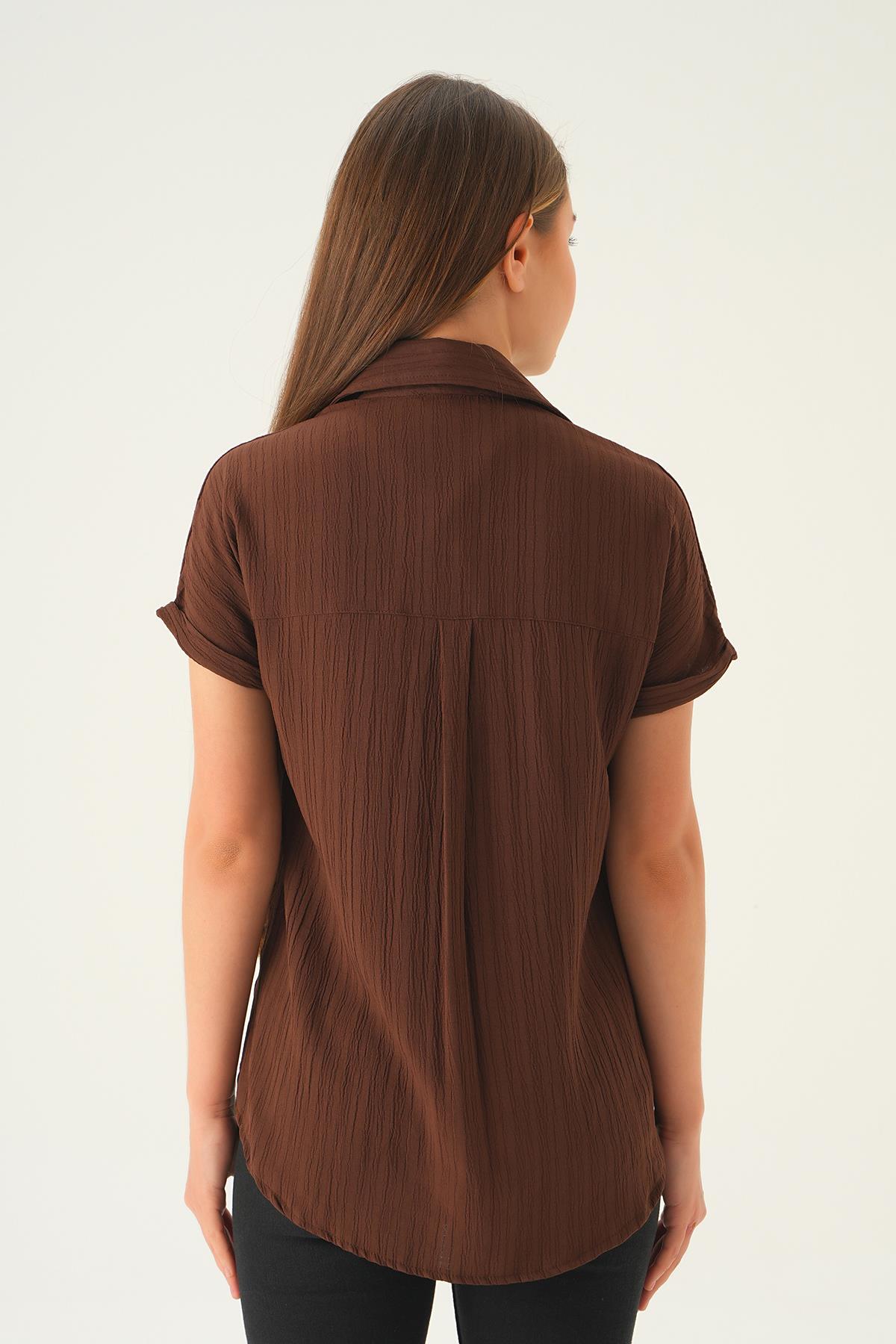 Kahve Kısa Kol Oversize Gömlek 4163A - 5