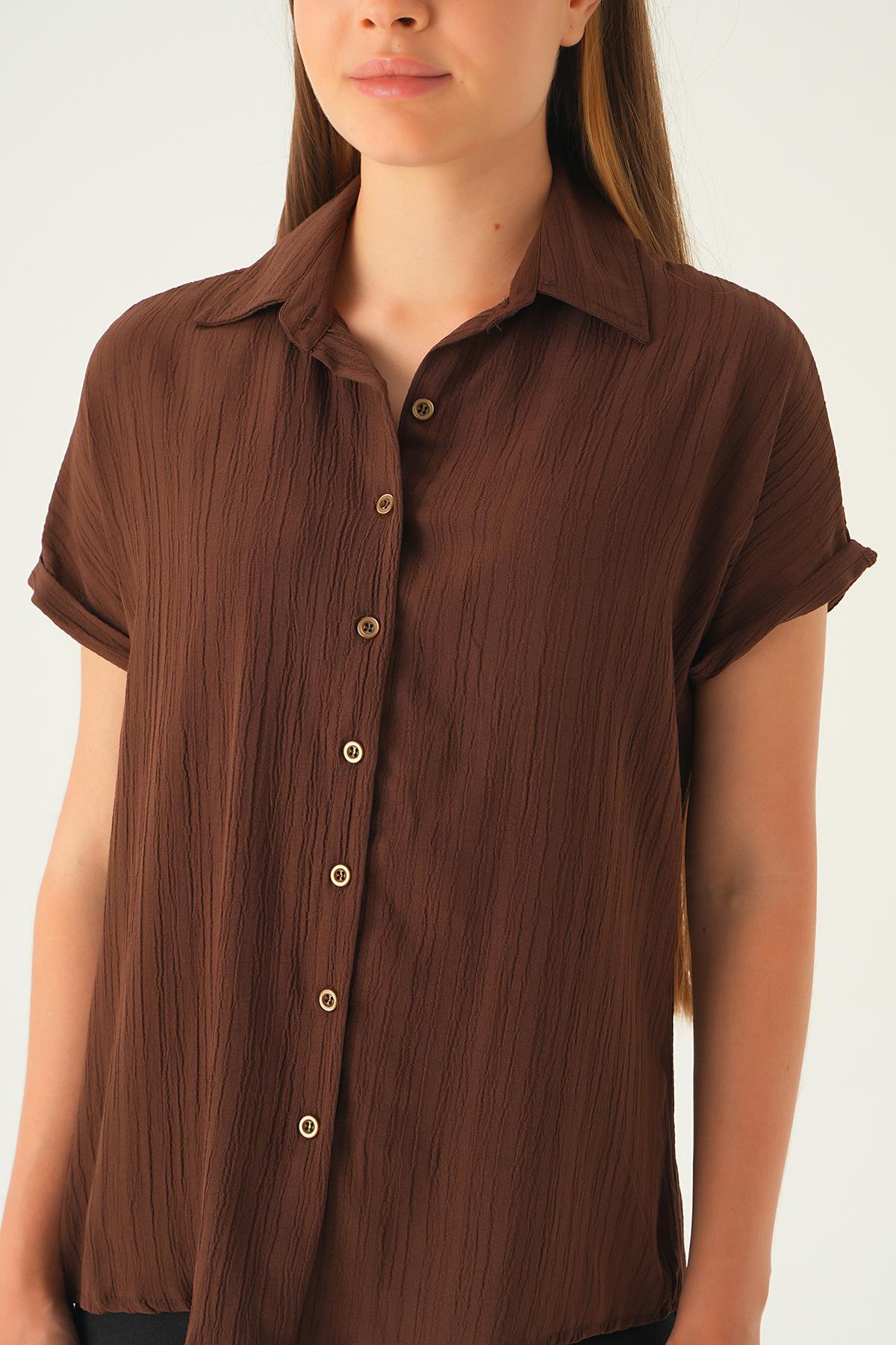 Kahve Kısa Kol Oversize Gömlek 4163A - 6