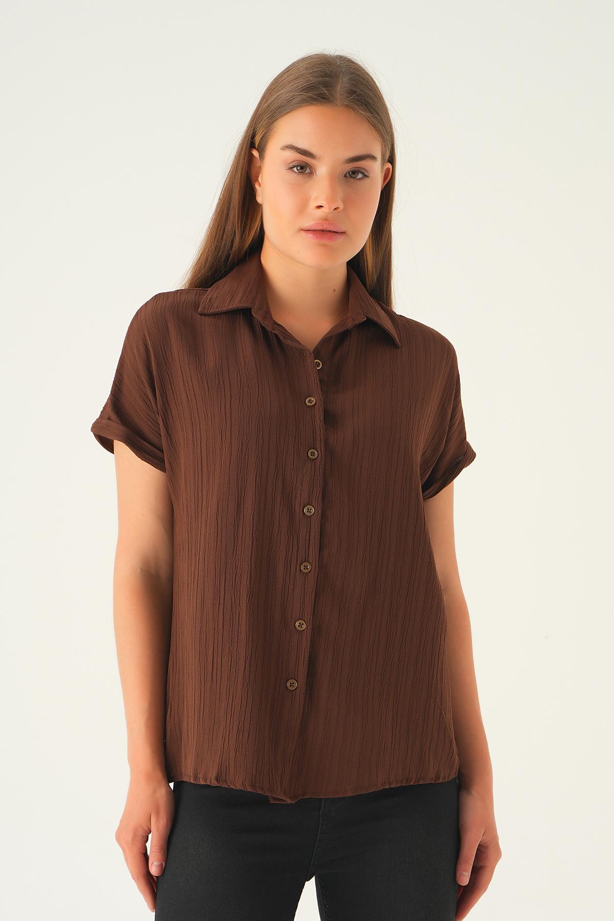 Kahve Kısa Kol Oversize Gömlek 4163A 